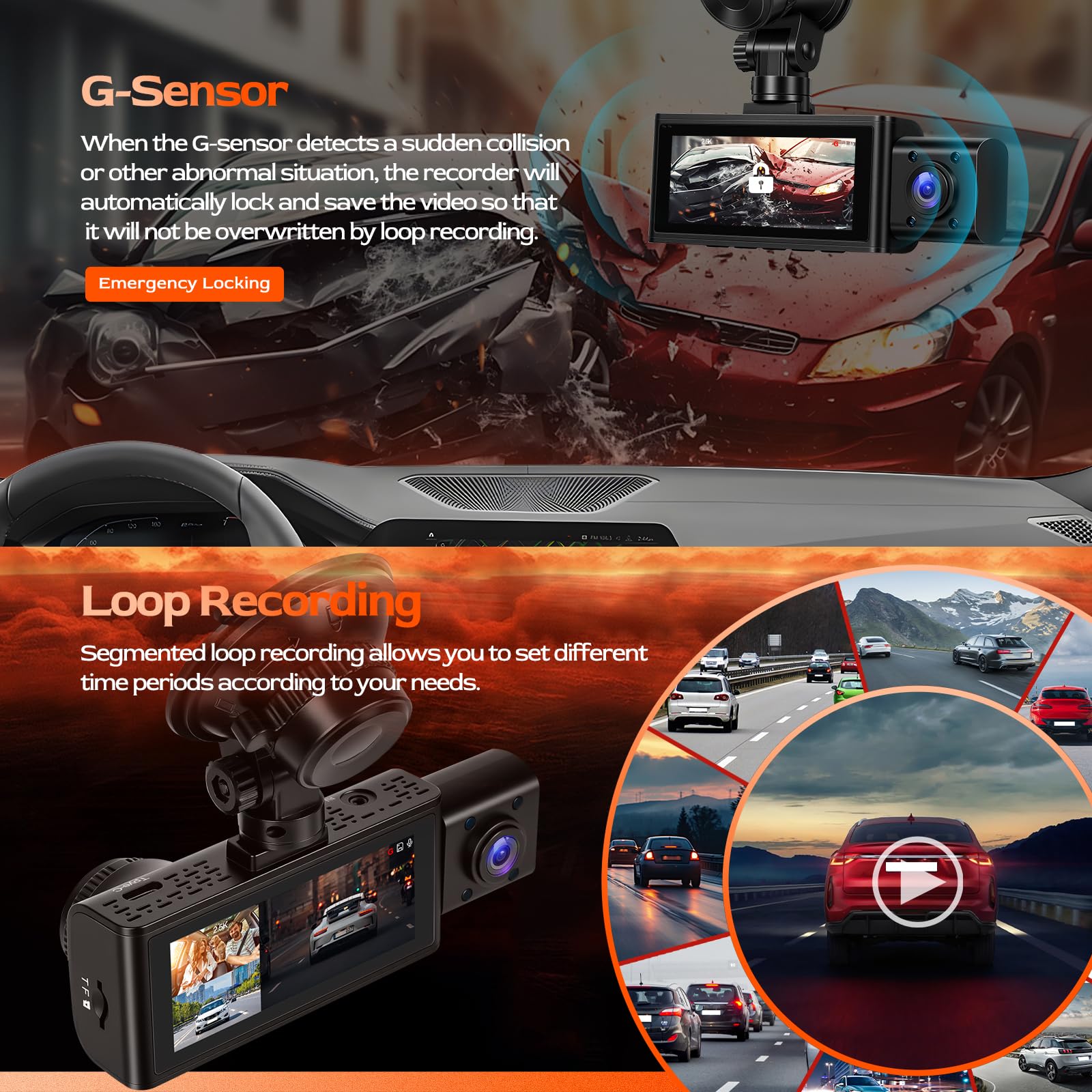 CAMECHO 3 Canaux Dashcam 2.5K Caméra embarquée Avant et arrière avec Vision Nocturne, GPS Ecran Dashcam 3.16 Pouces Enregistrement en Boucle, WiFi(APP), Mode Parking, Détection de Mouvement, Capteur G