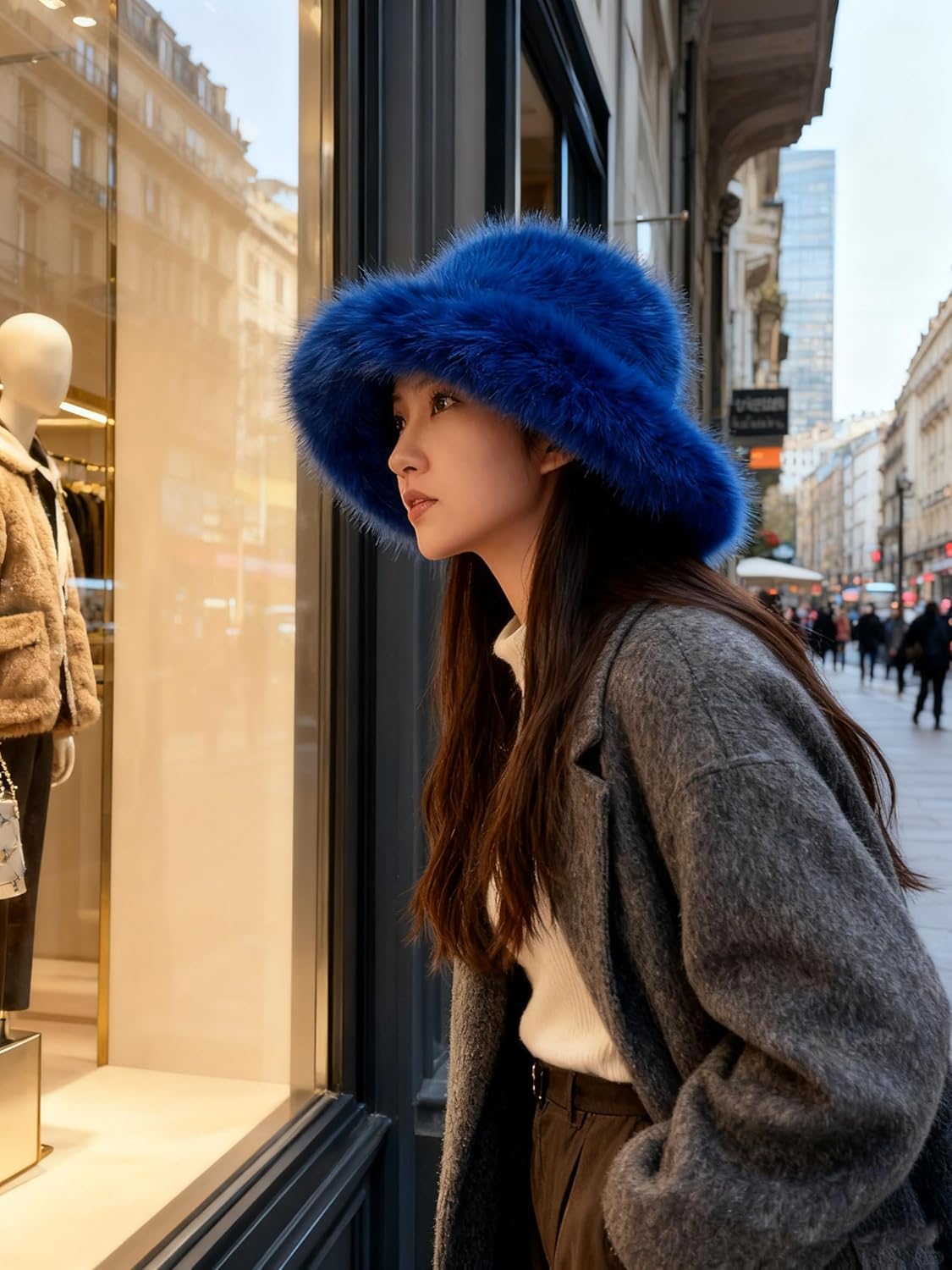 Faux Fur Bucket Hat for Women - Oversized Winter Long Pile Fur Wide Moldable Brim Warmer Cap - Image 7