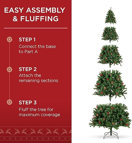 Miniatura 20 de Best Choice Products Árbol de Navidad artificial de abeto preiluminado de 7.5 pies con bisagras con 1,346 puntas, piñas, bayas, 550 luces, base