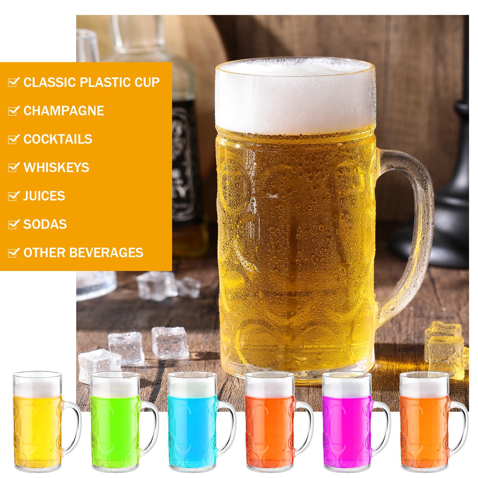 Suclain 6 Pcs Clear Plastic Beer Mugs with Handles 34 oz Large Dimpled