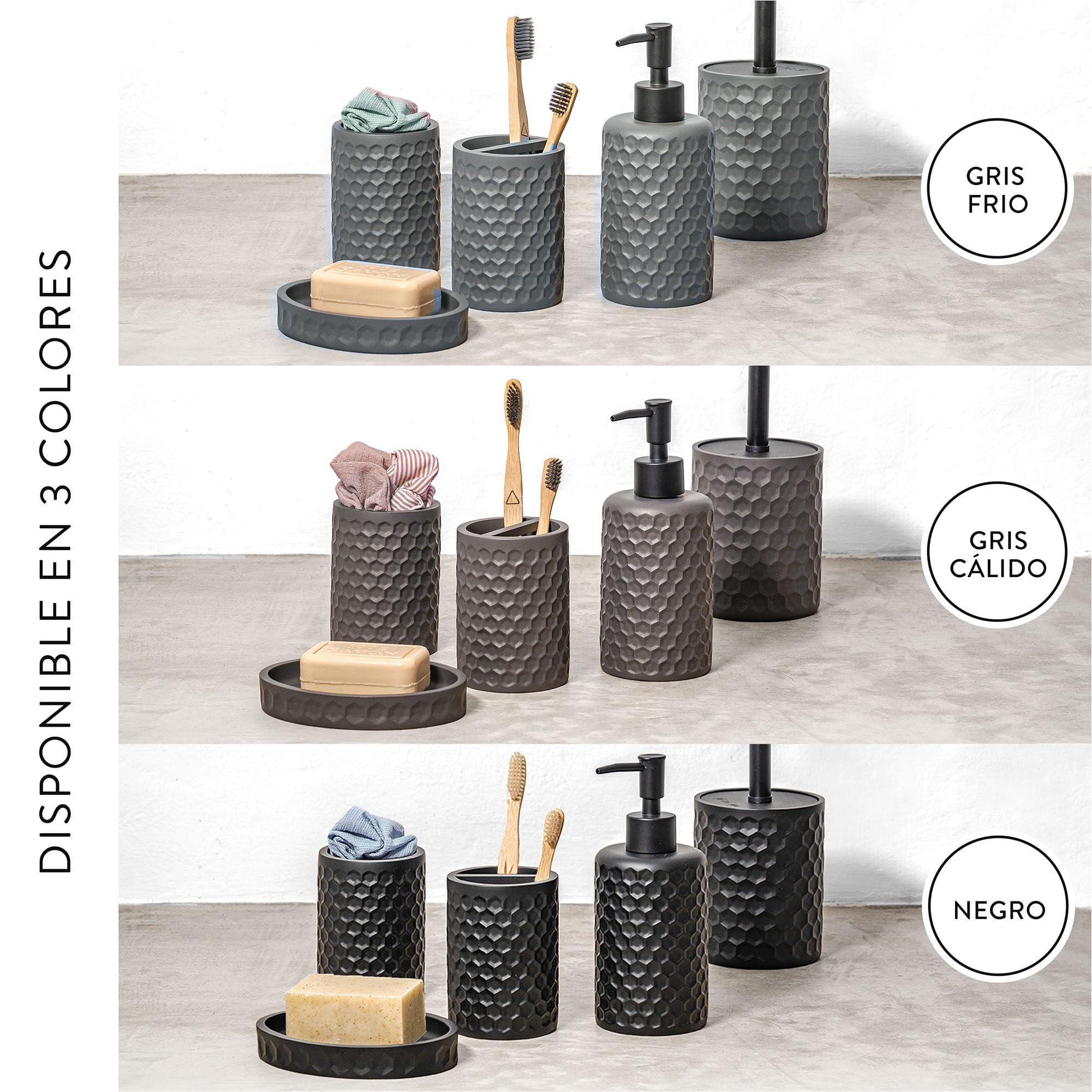 ZCCZ Juego de 6 Piezas de Accesorios de Baño Gris Cálido con Soporte de Cepillo de Dientes, Dispensador de Jabón, Bandeja de Bajón, Cubo Basura, Vaso de Baño y Escobilla, Juego de Baño Completo