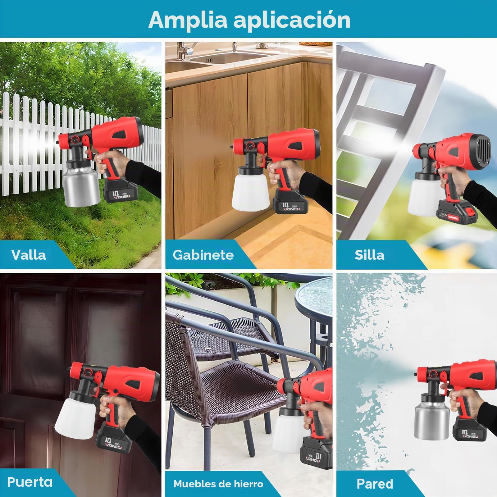 Pistola de pintura inalámbrica, 850 W, sistema de pulverización de pintura, 800 ml, con 2 x 2600 mAh, 21 V, tambores y cargador, 5 boquillas, 2 recipiente de pintura, para paredes, techos, vallas