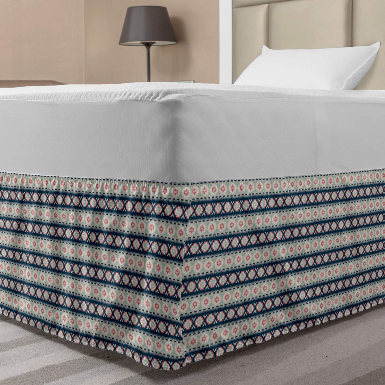 Lunarable Aztec Bedskirt Blurred Looking Tribal Flower Blooms Chevron Triangles Ikat Borders Bedroom Decor Wrap Around Elastic Bed