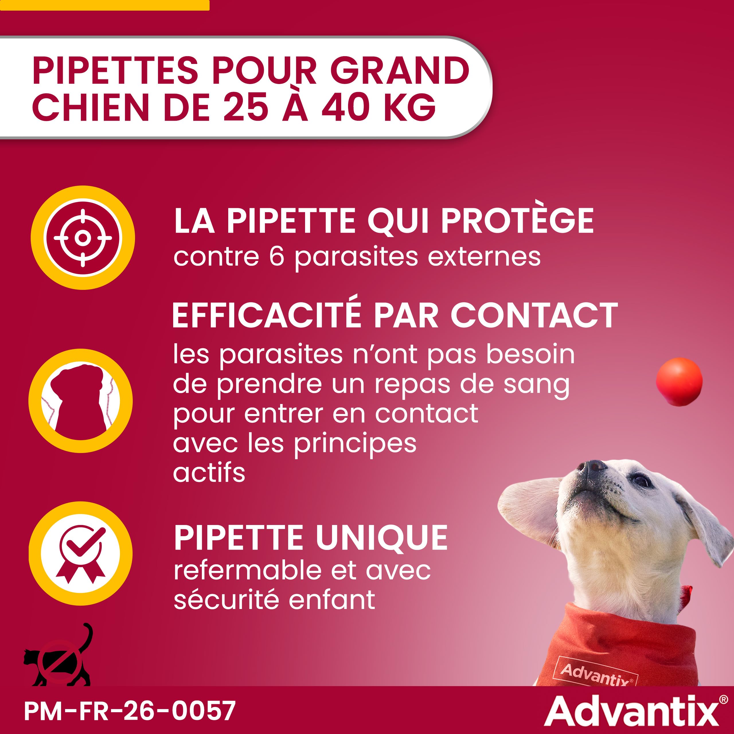 Advantix Grand Chien entre 25 et 40 kg – Pipettes pour chien contre 6 parasites – Traitement en pipette pour une protection en continu pendant 4 semaines – 4 x 4,0 ml