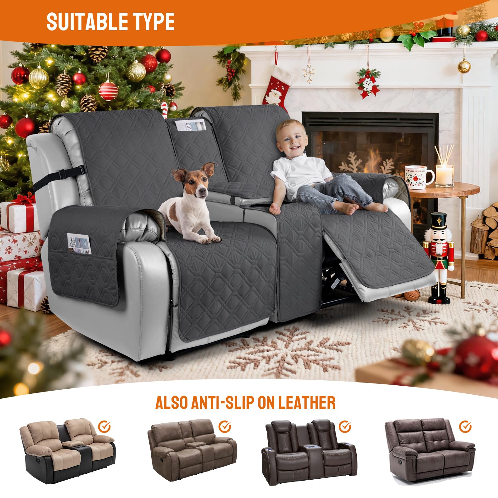 VANSOFY Loveseat Bezug für Liegestuhl mit Konsole, 100 % wasserdicht, rutschfest, Liegestuhl, geteilte Sofabezüge, Möbelschutz für Haustiere, Hunde (Anthrazitgrau)