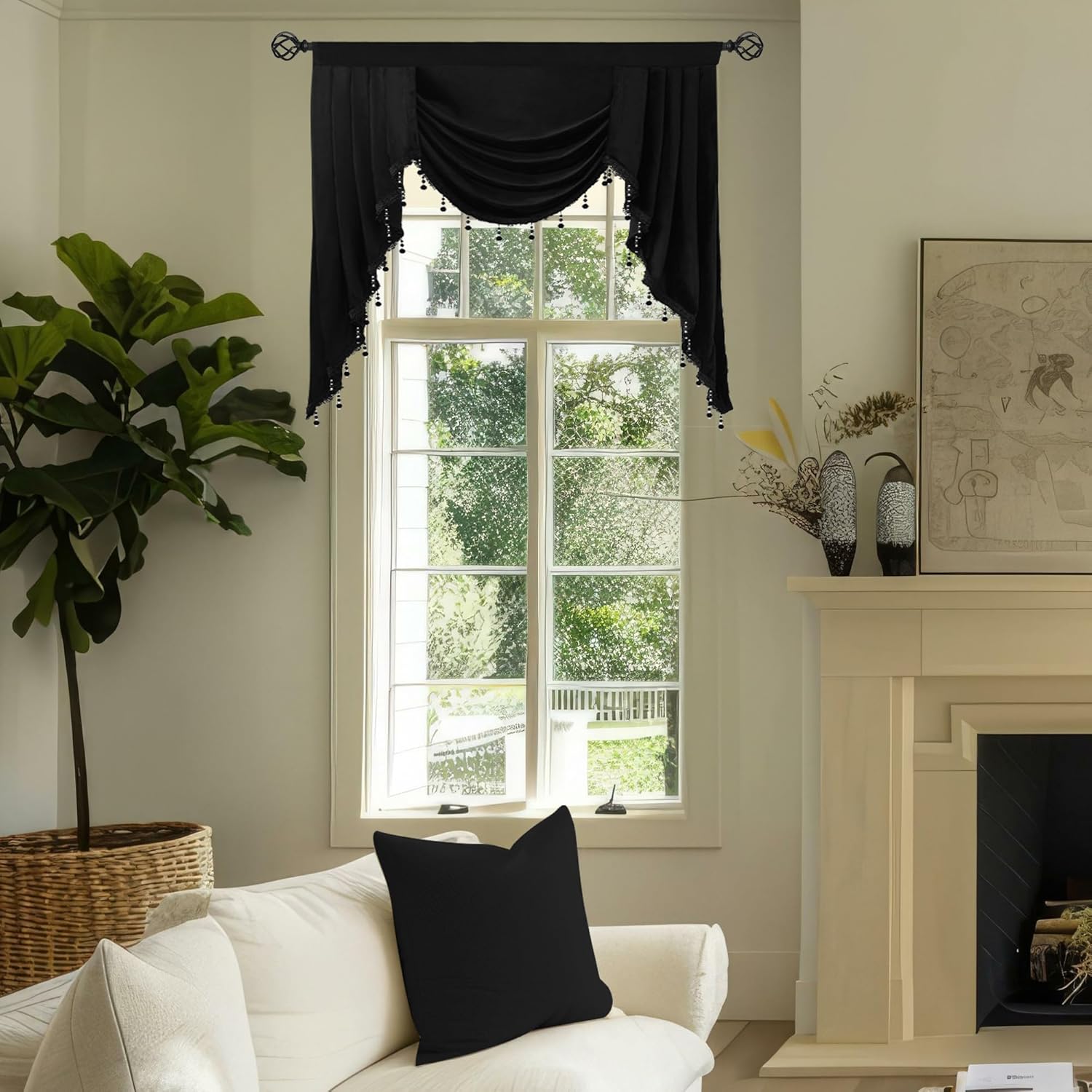 Luxury Black Velvet Curtain Valance, Soft Touch Rod Pocket Valance with Bead Tassels, Waterfall Valance for Kitchen,Dining Room 39 Inch,1 Panel