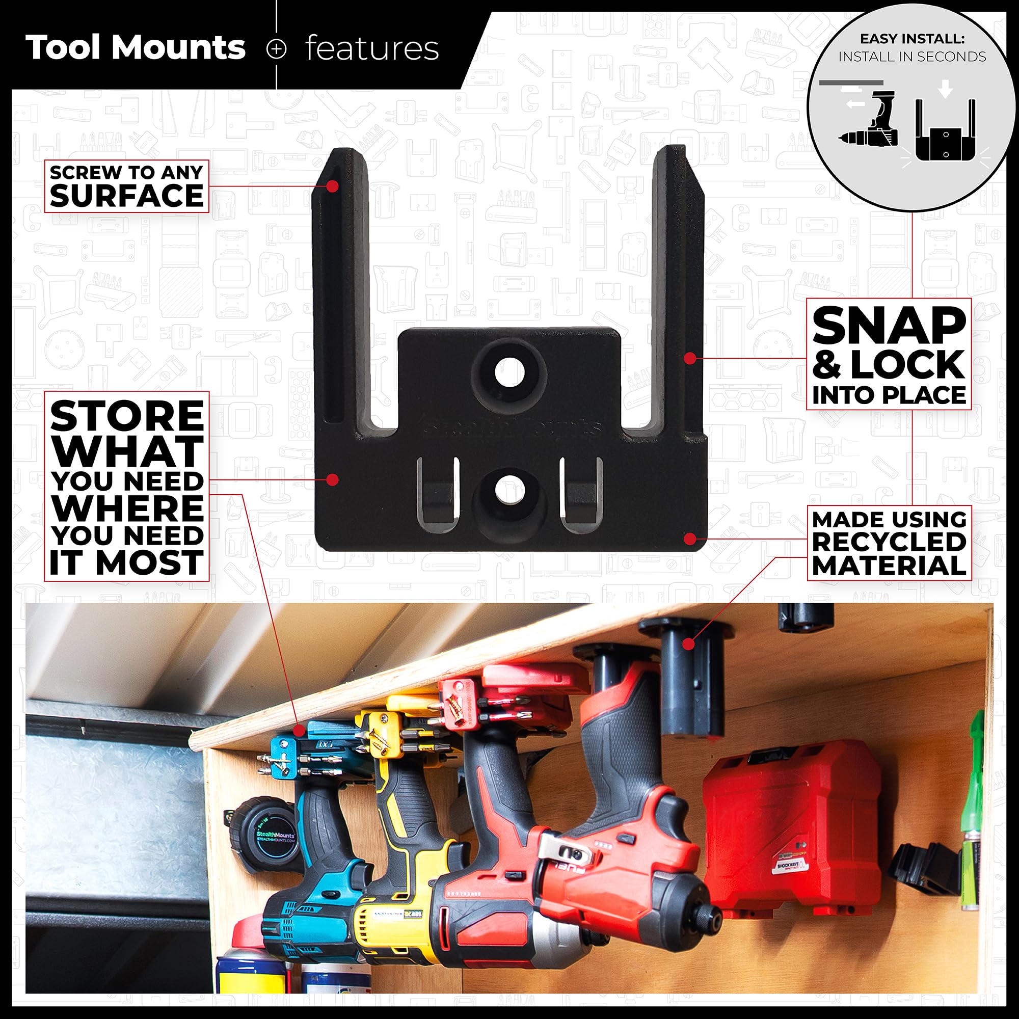 StealthMounts Organiseurs d'Outils pour Makita 18v | Support de Rangement Sans Fil | Lot de 4 | Organisateurs Noir