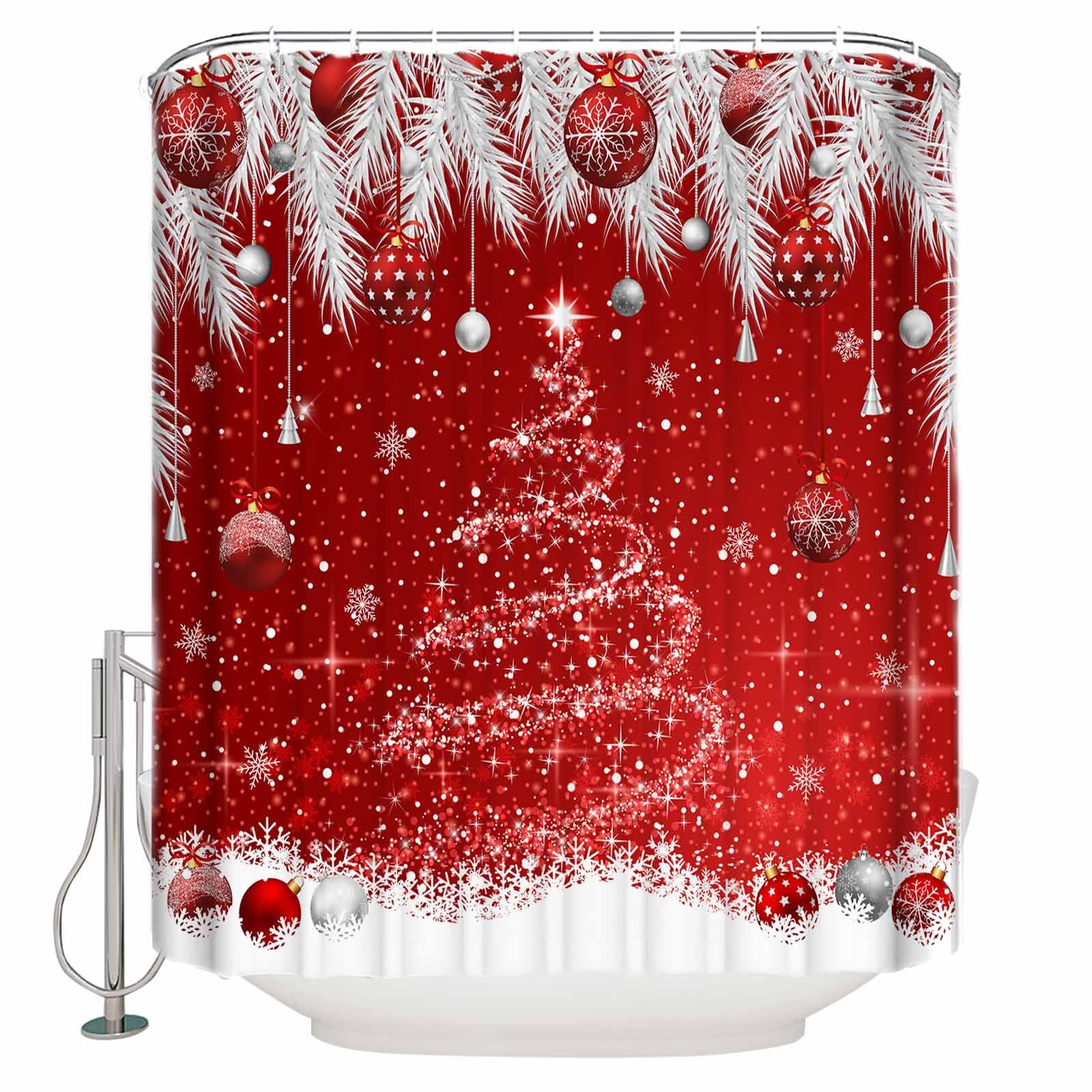 Zadaling Christmas Waterproof Fabric Shower Curtain for Bathroom Stalls and Tub - Red Sparkle Ornaments, White Xmas Tree, Pine Needle Decorative Bath