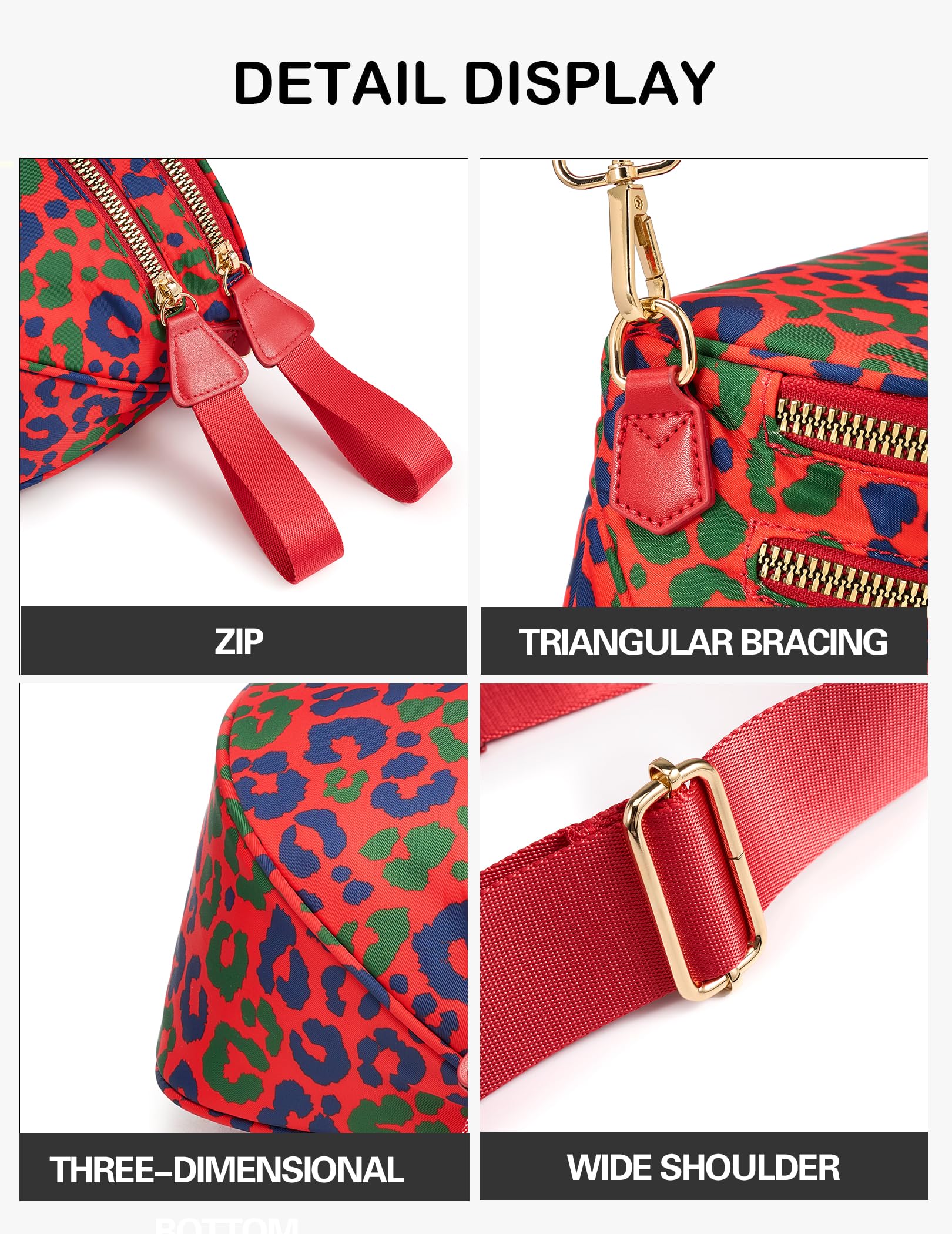 FEIBOON Spacious Nylon Crossbody Bag Bum Bag Handbags Wallets Purses Trendy Shoulder Bag for Women (Red Leopard) view 7