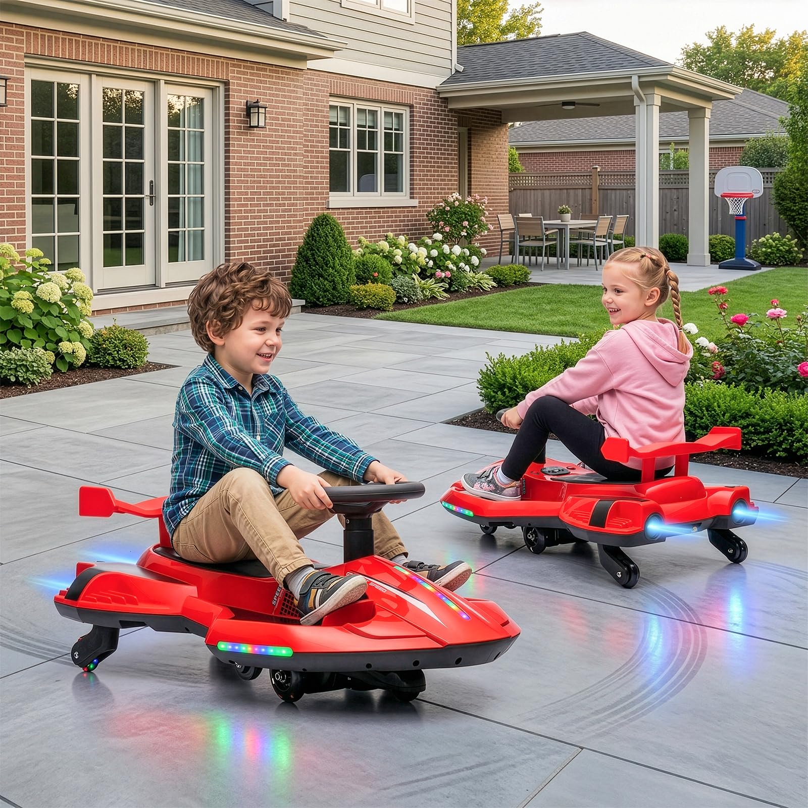LALAHO Coche Eléctrico para Niños 12V, Coche de batería con Pedal, vehículo eléctrico 2 en 1 con 2 velocidades, Luces LED, protección antivuelco y Ruedas iluminadas, 3 años+ (Rojo-Negro)