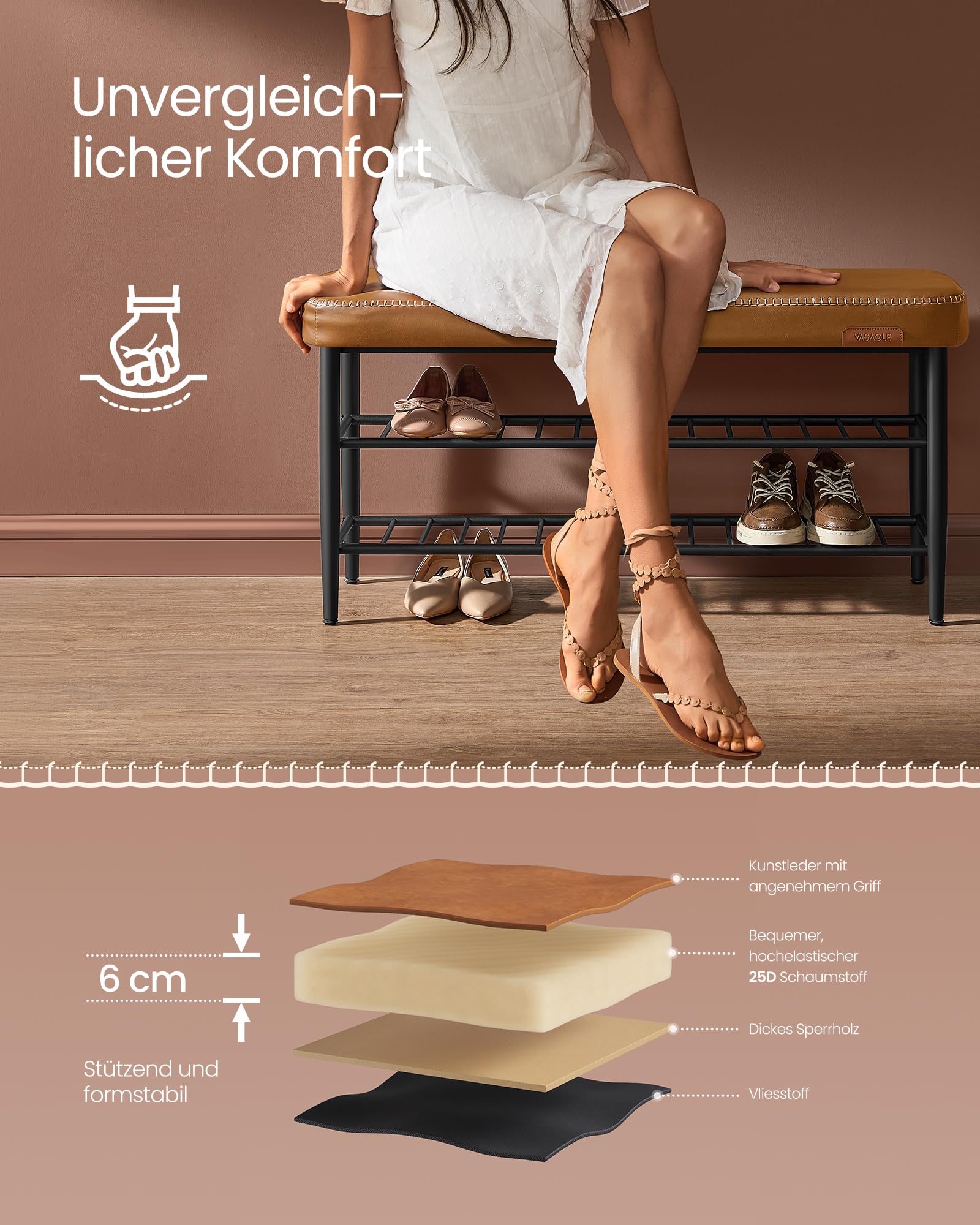 VASAGLE EKHO Kollektion - Schuhbank, Sitzbank, Sitztruhe, Eingangsbereich, Kunstleder, Nähte, Mid-Century-Modern-Stil, modern, bis 135 kg belastbar, 30 x 100 x 50 cm, karamellbraun LSB113K01