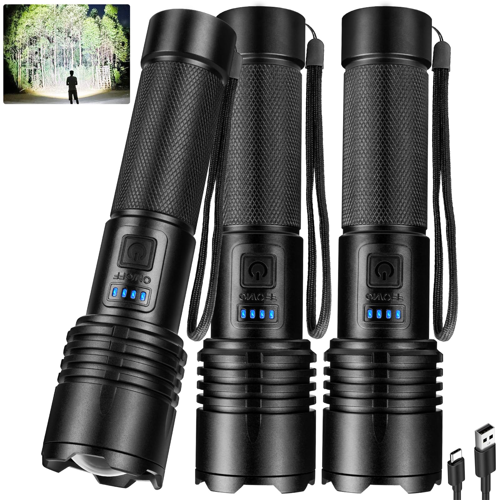 crazybrace Rechargeable Led Flashlights High Lumens 3Pack, 99000 Lumen Super Bright Flash Light with 3 Modes & Adjustable 2 Beam, Brightest Waterproof
