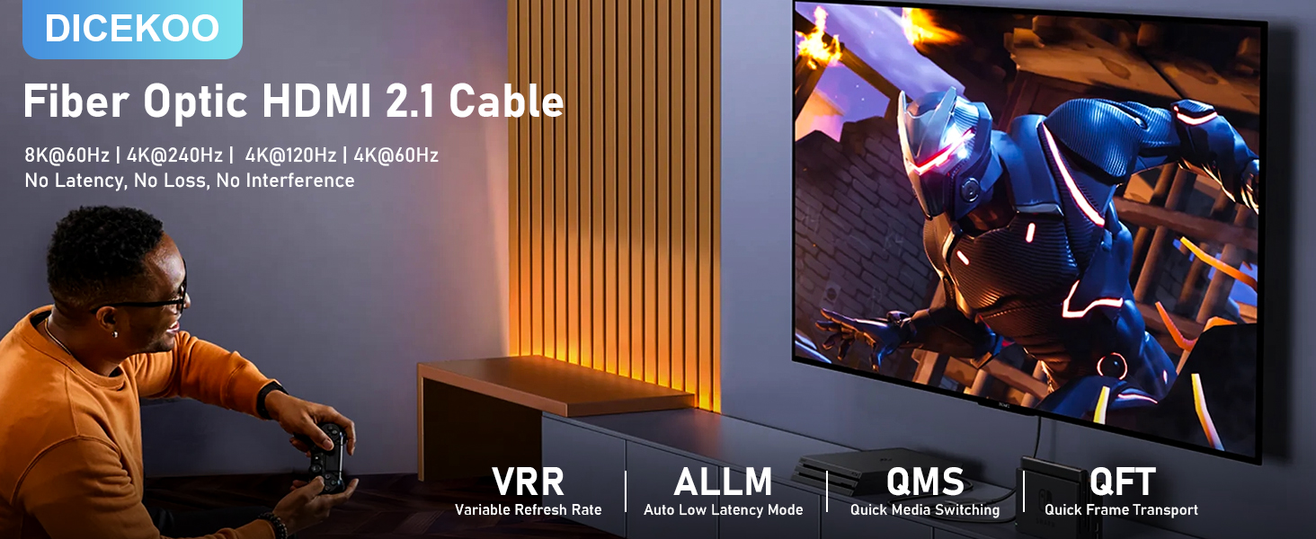 Image of 8K Fiber Optic HDMI 2.1 Cable 50FT - High Speed 48Gbps, 8K@60Hz 4K@240Hz | Supports Dynamic HDR, eARC, HDCP 2.2 /2.3, Gold Plated Connectors & Zinc Alloy Shell, for PS5, Xbox, TV, Laptop & Monitor