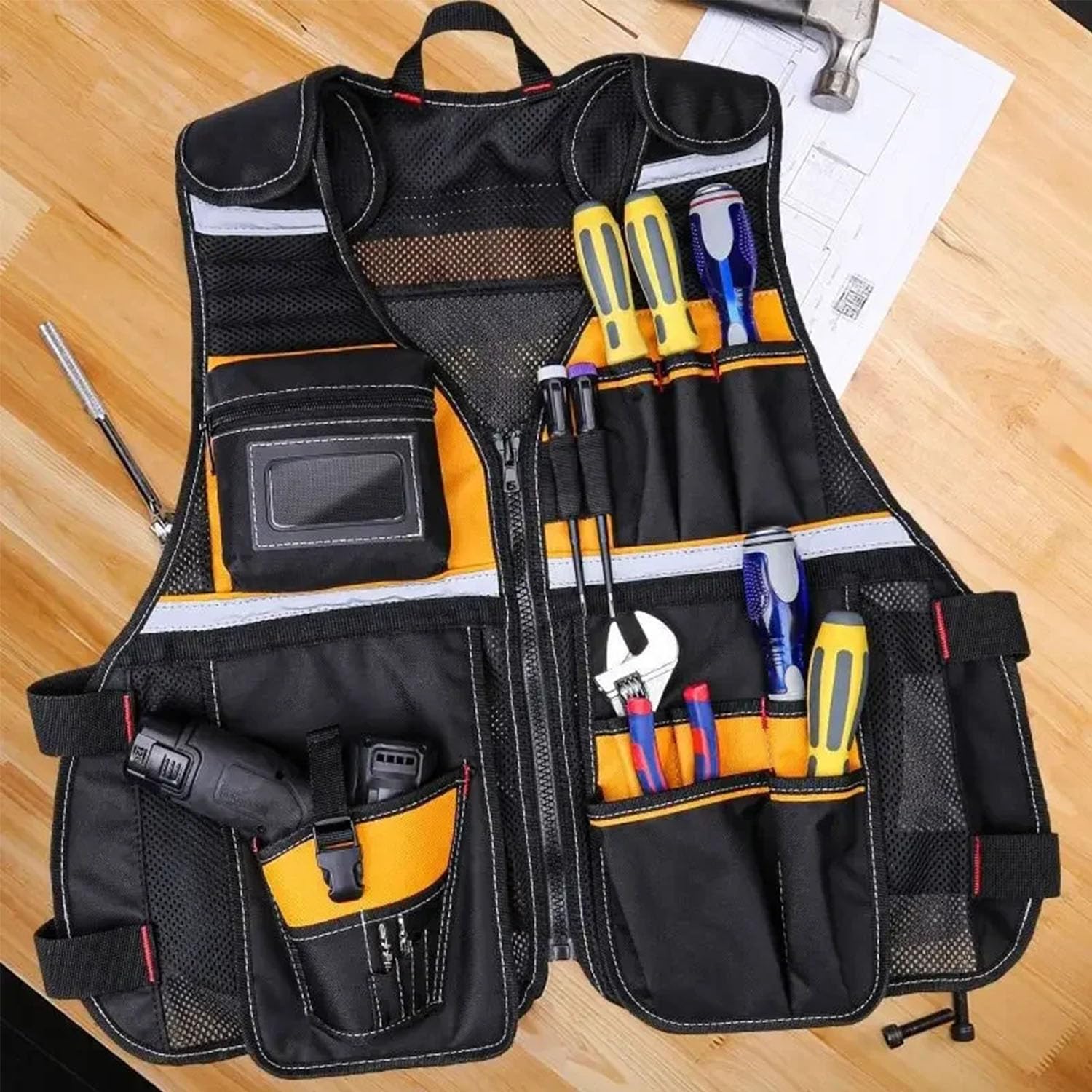 Herramienta Chaleco Traje de Trabajo Chaqueta Correa Pesca Chaleco Reflectante Ajustable con Porta Martillo Extraíble para Electricista Carpintero Construcción