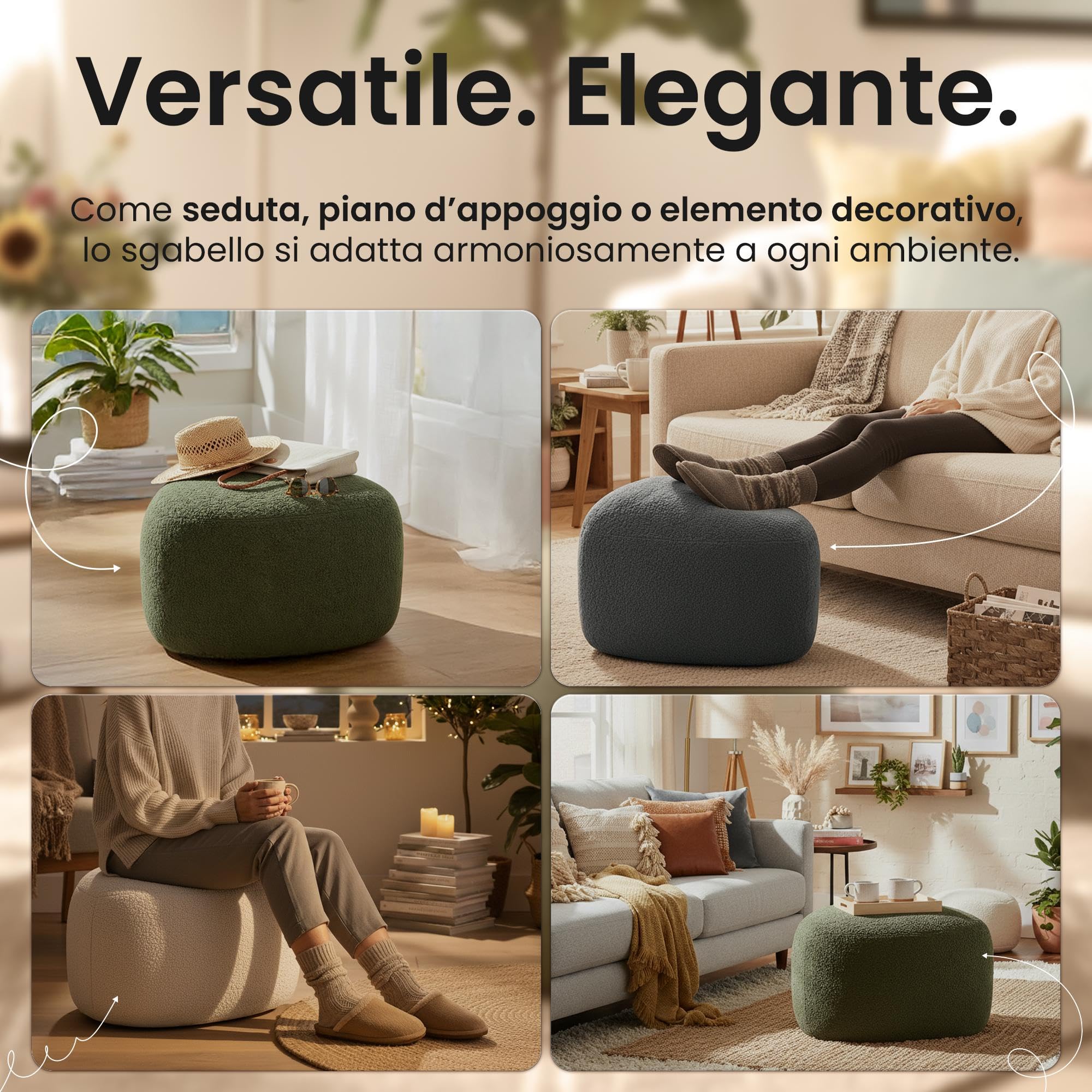 CLP Pouf ovale Alfrisa, pouf imbottito in tessuto Teddy, poggiapiedi imbottito per soggiorno e camera da letto, struttura in legno stabile, Colore:crema