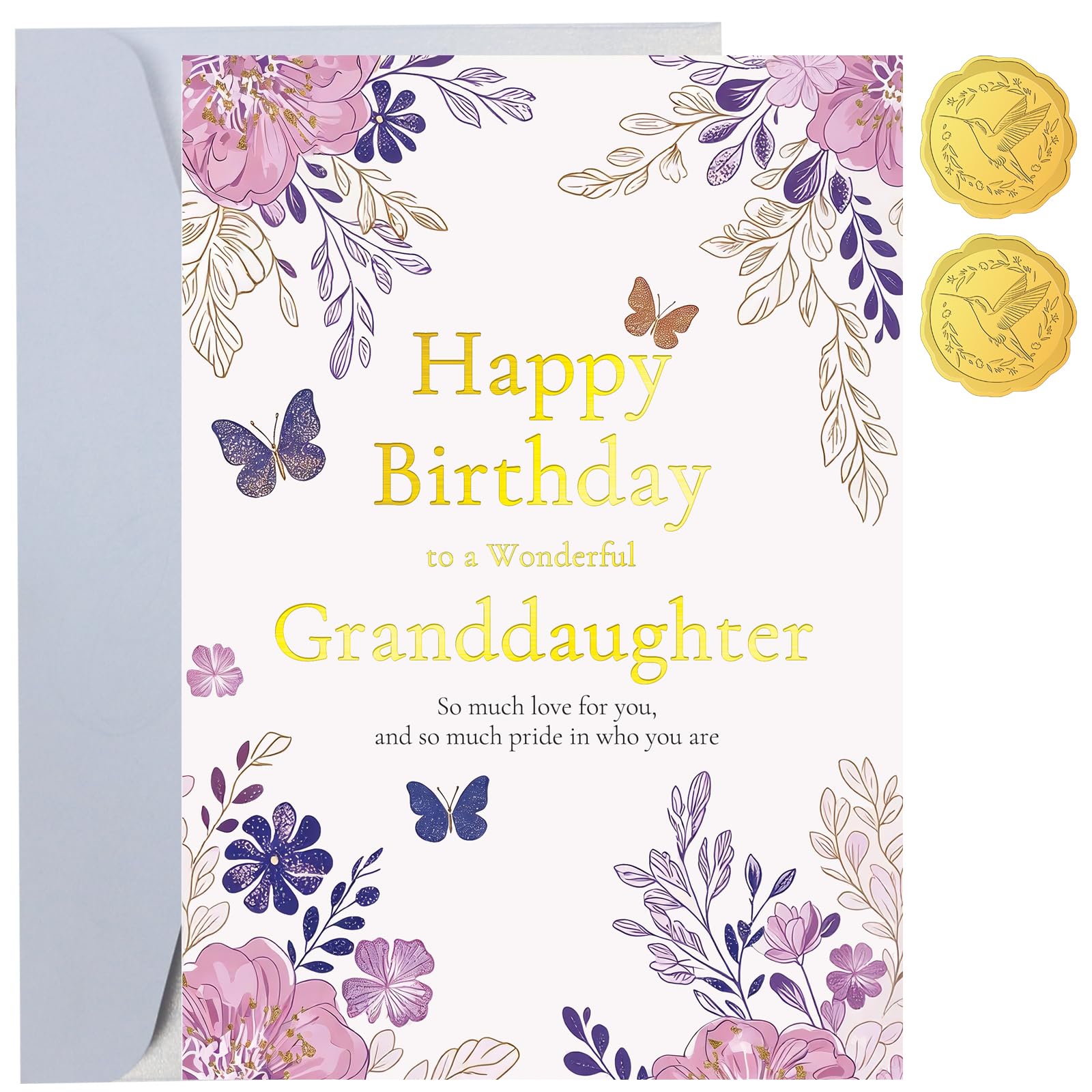 TzenvoGift Happy Birthday Card for Granddaughter - Double-layer card, Design with Gold Foil text, with envelope and Envelope sticker Heartfelt Message（5.6 x 8.1”）