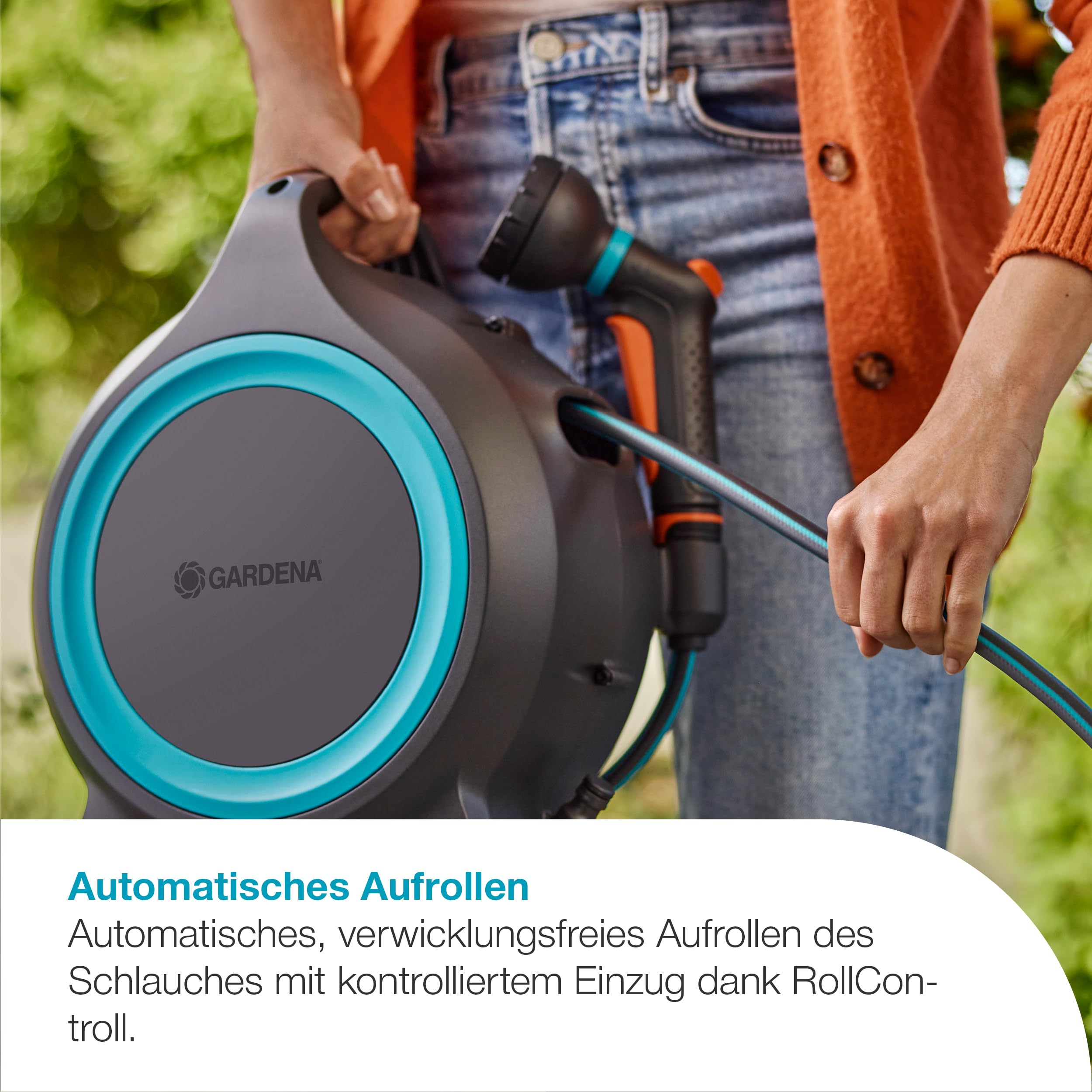 Gardena Mobile Schlauchbox MoveMatic Schlauchaufbewahrung: Ordentlich und tragbar, Einziehbarer Gartenschlauch, Platzsparende Aufbewahrung, Ideal für kleine Flächen, Sofort einsatzbereit (18690-20)