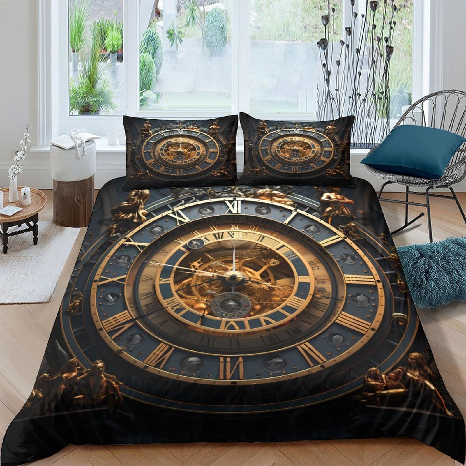GPLZQXKJNH 3D Printed Astronomical Clock Duvet Cover Microfiber Soft Breathable Zodiac Bedding Set with 2 Pillowcases for Bedroom Decor Single（135x200cm）