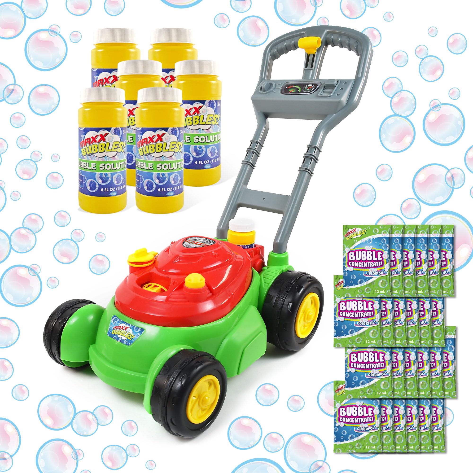 Bubble N Go Lawn Bubble Mower for Toddlers, Bubble Blowing Machines, Indoor/Outdoor Gardening Toy, Birthday Party, No Batteries Required, Includes 24oz Bubble Solution and 24 Refill Packs, Ages 2+