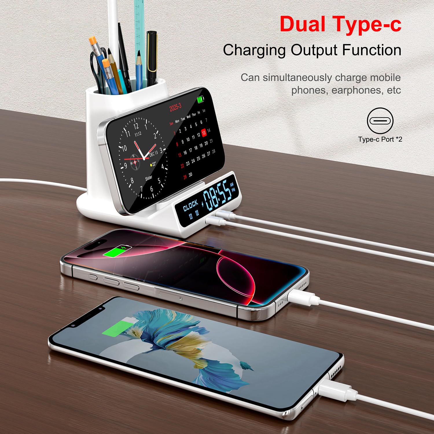 5-en-1 Lampe de Bureau LED Intensité Variable avec Horloge, Réveil, Porte-Stylo et Fonction de Recharge, 3 Couleurs de Lumière,Lampe d'étude, Lampe de Chevet, Lampe de Lecture Veilleuse