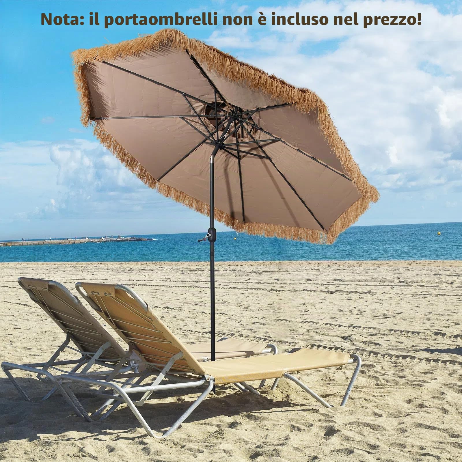 KOMFOTTEU Ombrellone Spiaggia in Paglia Hawaiano Pieghevole 300 cm | Parasole da Spiaggia con Doppio Tetto, Ombrellone per Giardino, Balcone, Giallo-Marrone, senza Base