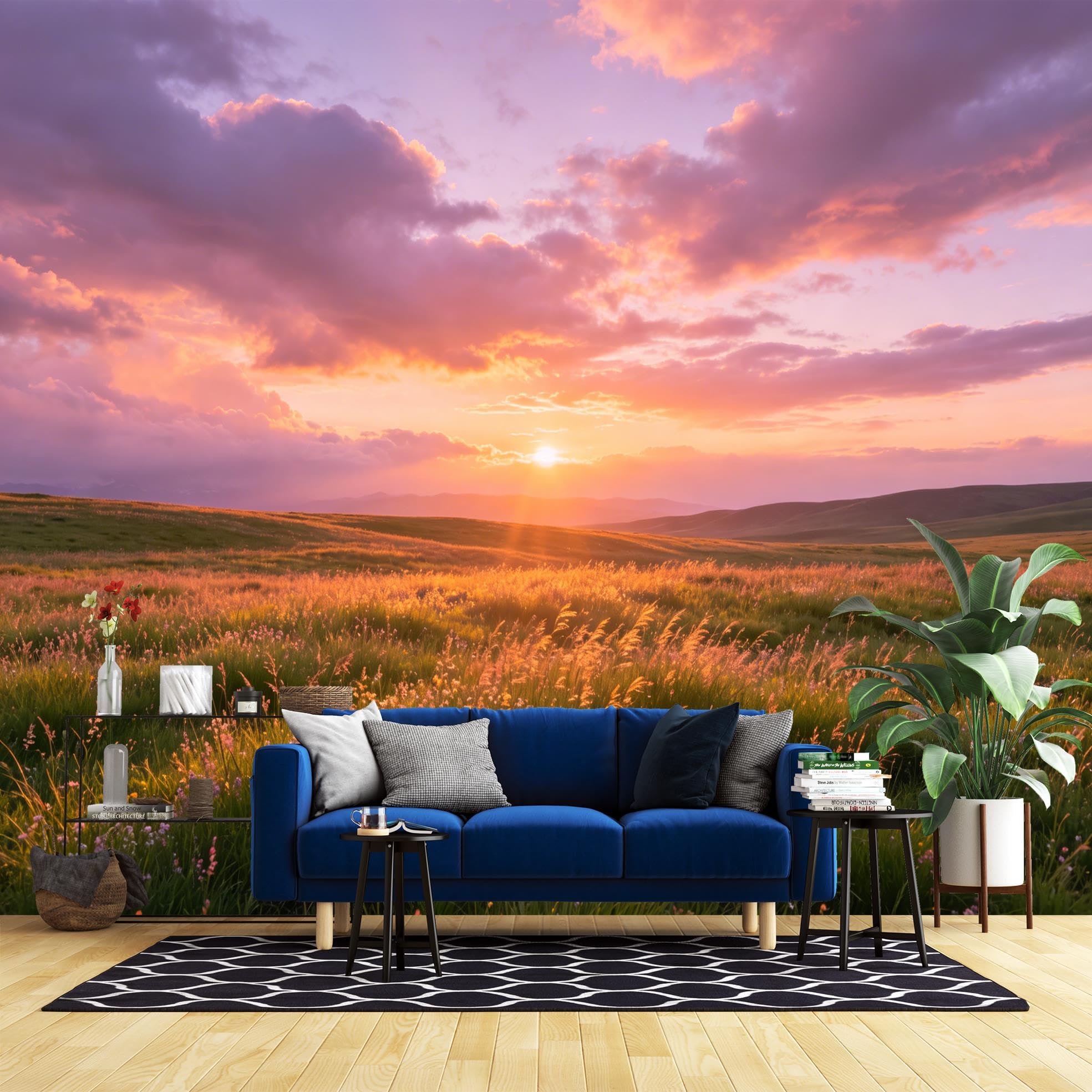 Papier peint sunset prairie amovible et autocollant grand format 320x600 cm pour salon