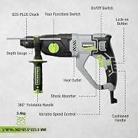 WORKPRO SDS-Plus 1050W Fúrókalapács 3 Joule, Állítható Sebesség, 360° Forgatható Fogantyú, Betonhoz 26mm, Tartozékokkal és Hordtáskával 2
