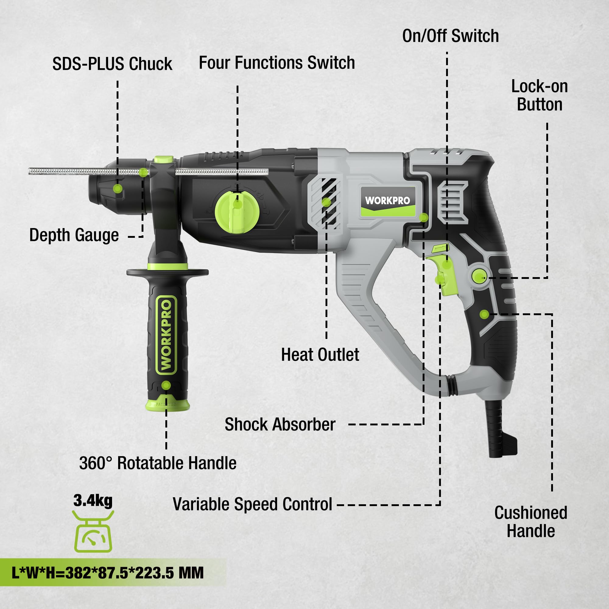 WORKPRO Martillo Perforador 1050W SDS Plus, Taladro Percutor Eléctrico con 4 Funciones, Velocidad Variable y Mango Giratorio 360°, Incluye Brocas para Hormigón, Madera y Metal