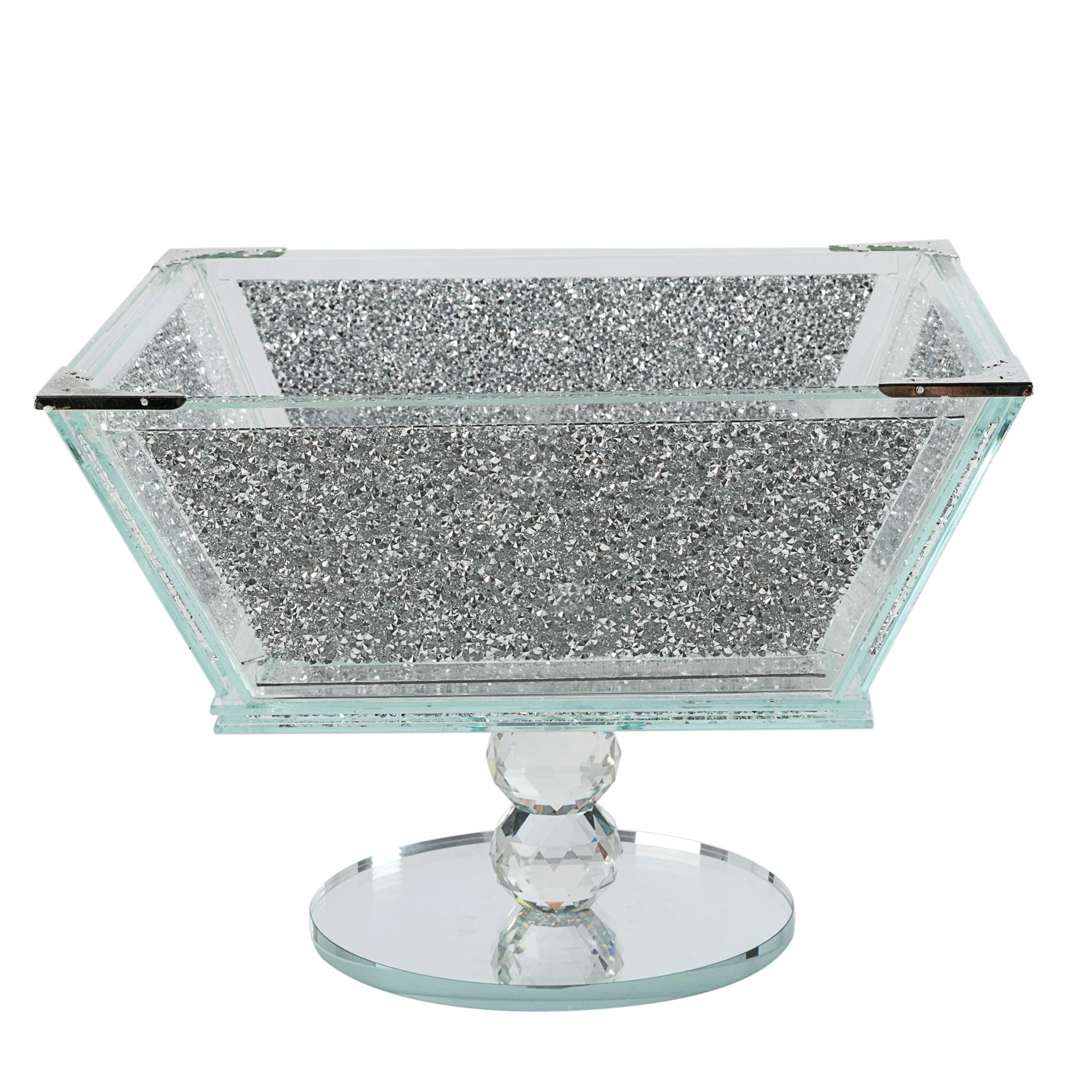 London Boutique Extra große Obstschale aus Kristall, Mittelstück, Aufbewahrung, glitzernd, Diamant-gefüllt, silberfarbener Metallrahmen, quadratische Form, 19,1 cm Höhe