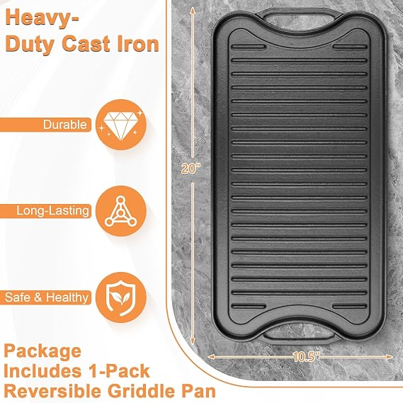 Reversible Cast Iron Griddle Plate for Gas Grill, Stovetop Grill Pan for Electric Stove, Pre-Seasoned Grill Griddle Pan for Gas Stove Top 2 Burner, Extra Large Stove Top Grill Plate 20 x 10.5
