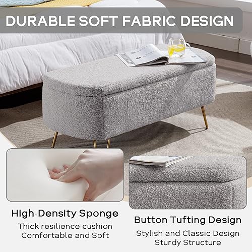 Miniatura 5 de Banco otomano de almacenamiento moderno, banco de entrada tapizado con diseño de boucle vintage, banco de pie de cama con patas doradas, banco