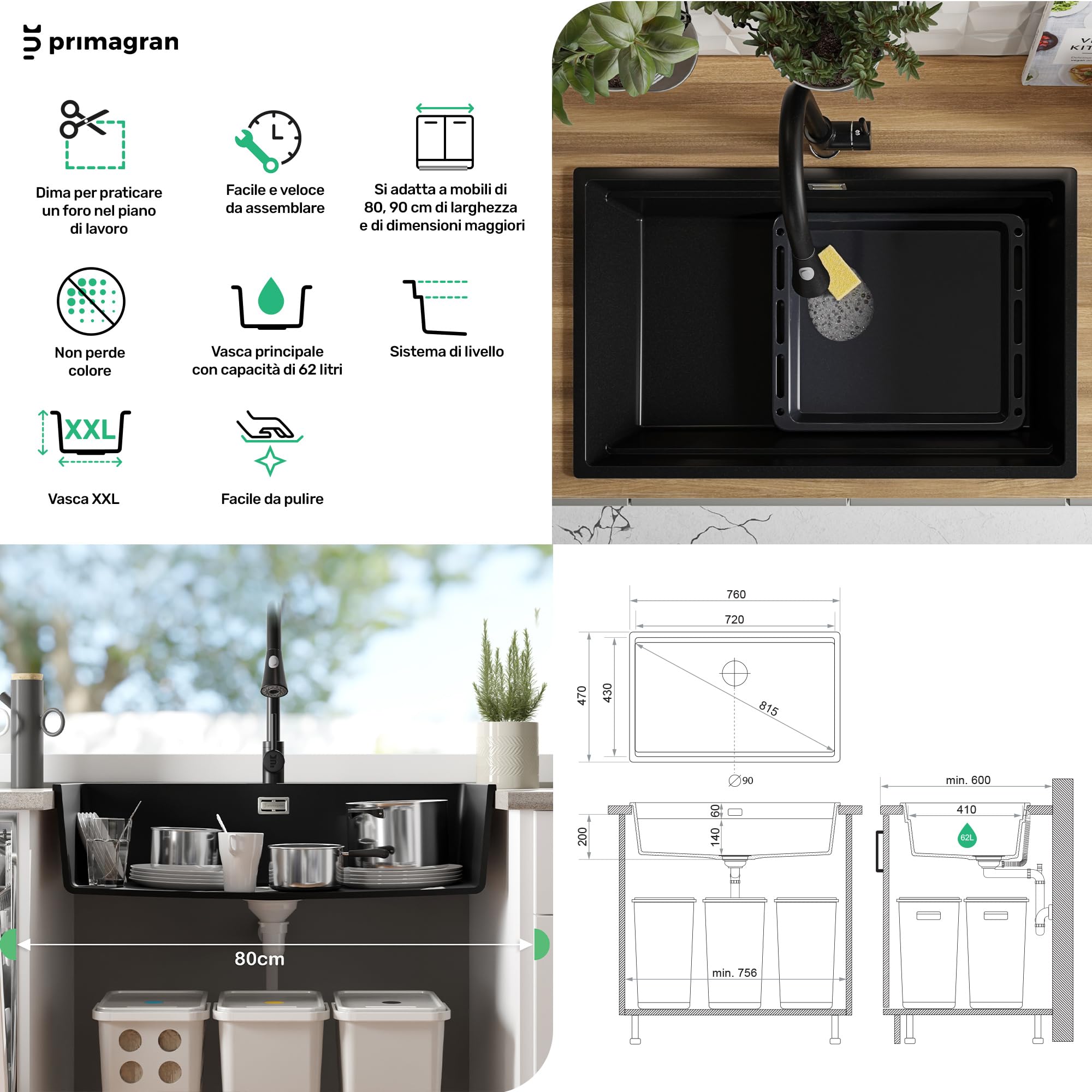 PRIMAGRAN Lavello da Cucina Tutto Nero 76x47cm, Lavandino in Granito a 1 vasca + Set di accessori, Lavabo da Cucina Incasso al Mobile 80cm - Prague Level Slim S547