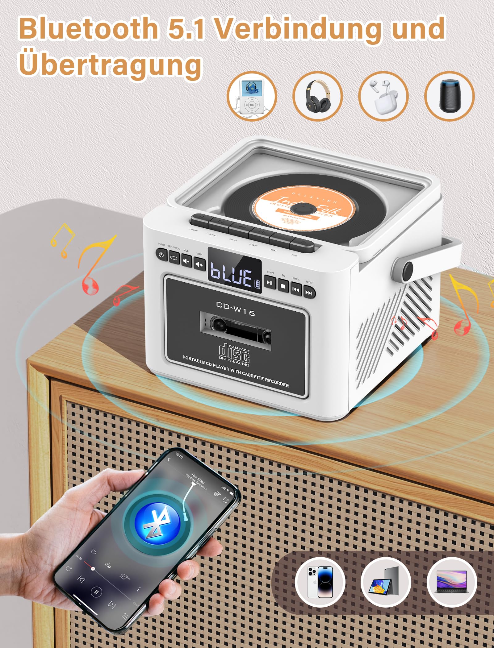 Boombox CD Player tragbar, CD-Player mit Kassettenspieler,UKW-Radio, Wiederaufladbarer Akku,Fernbedienung, USB/AUX/MP3/TF-Karten-Wiedergabe/3,5mm-Kopfhörer für Zuhause (5000mAh)