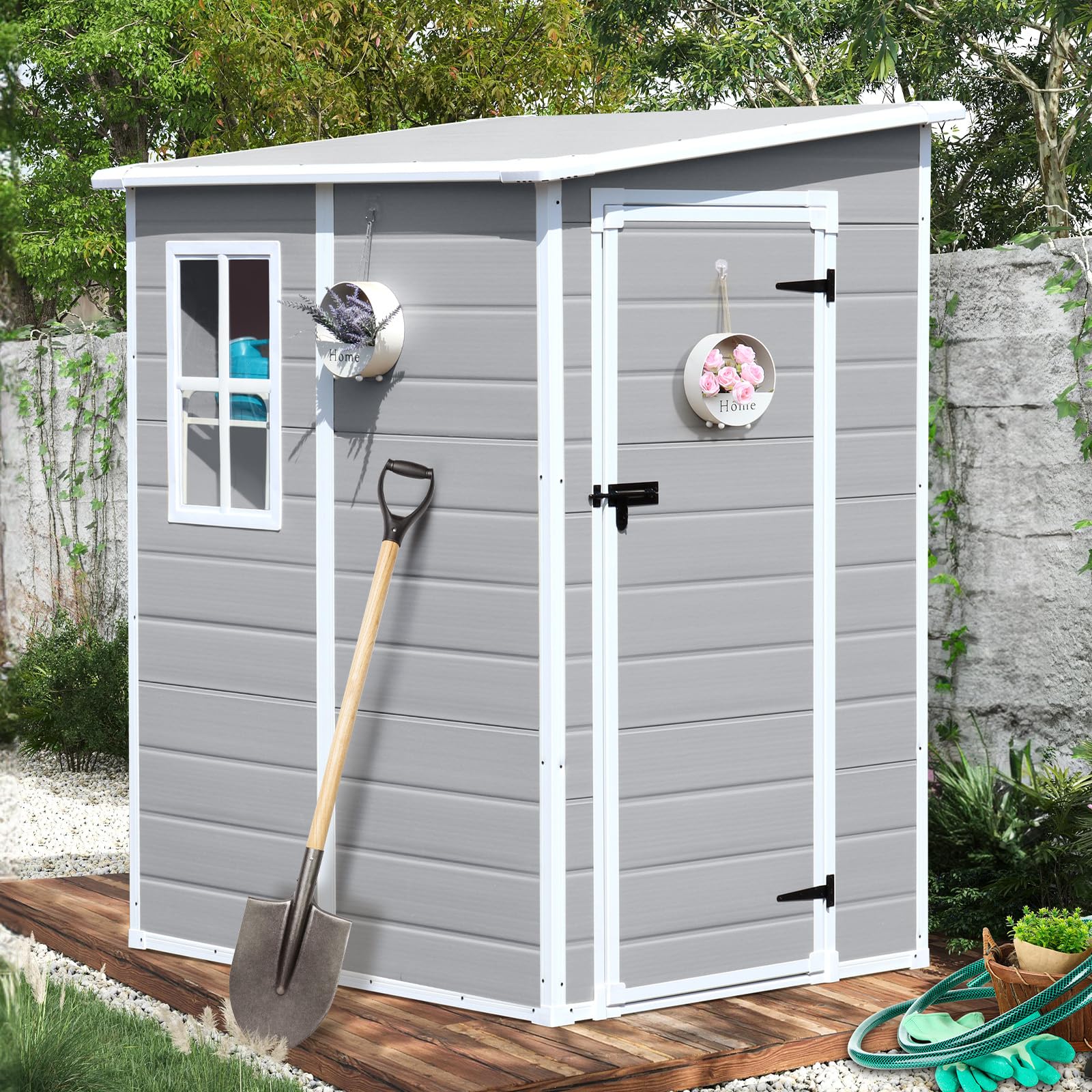 CDCASA 5x4 FT Storage Shed, Waterproof Resin Outdoor Storage Shed with Floor & Window & Lockable Door, Tool Shed for Garden Patio, Backyard,Lawn, All Weather Use, Light Gray