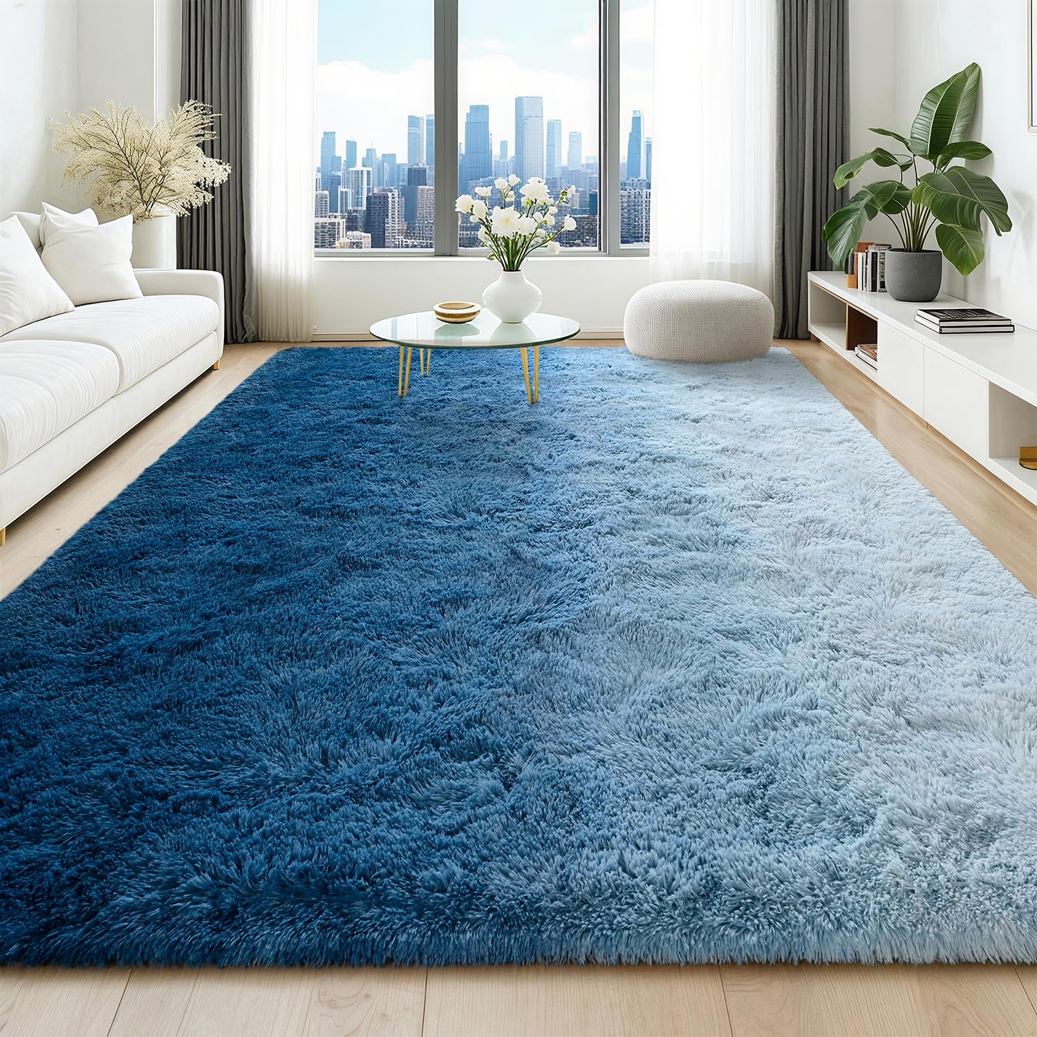 HQAYW Blue and White Rug 8x10 for Living Room, Memory Foam Fluffy Non-Slip Ultimate Soft Shag Rugs for Bedroom, Modern Washable Shaggy Plush Carpet for Kids Girls Boys Dorm Bedside Home Office