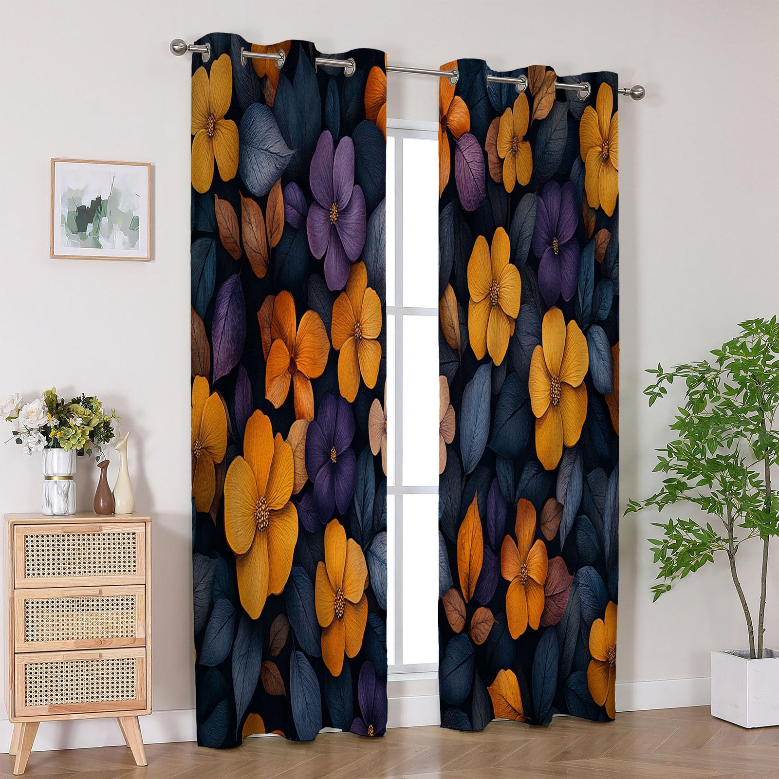 Blickdichte Vorhänge, Buntes Orangen-Lila-Blumenmuster Abstrakt Luxus Modern Muster Gardinen, für Wohnzimmer Schlafzimmer-H240 x B140 cm (2er Pack)