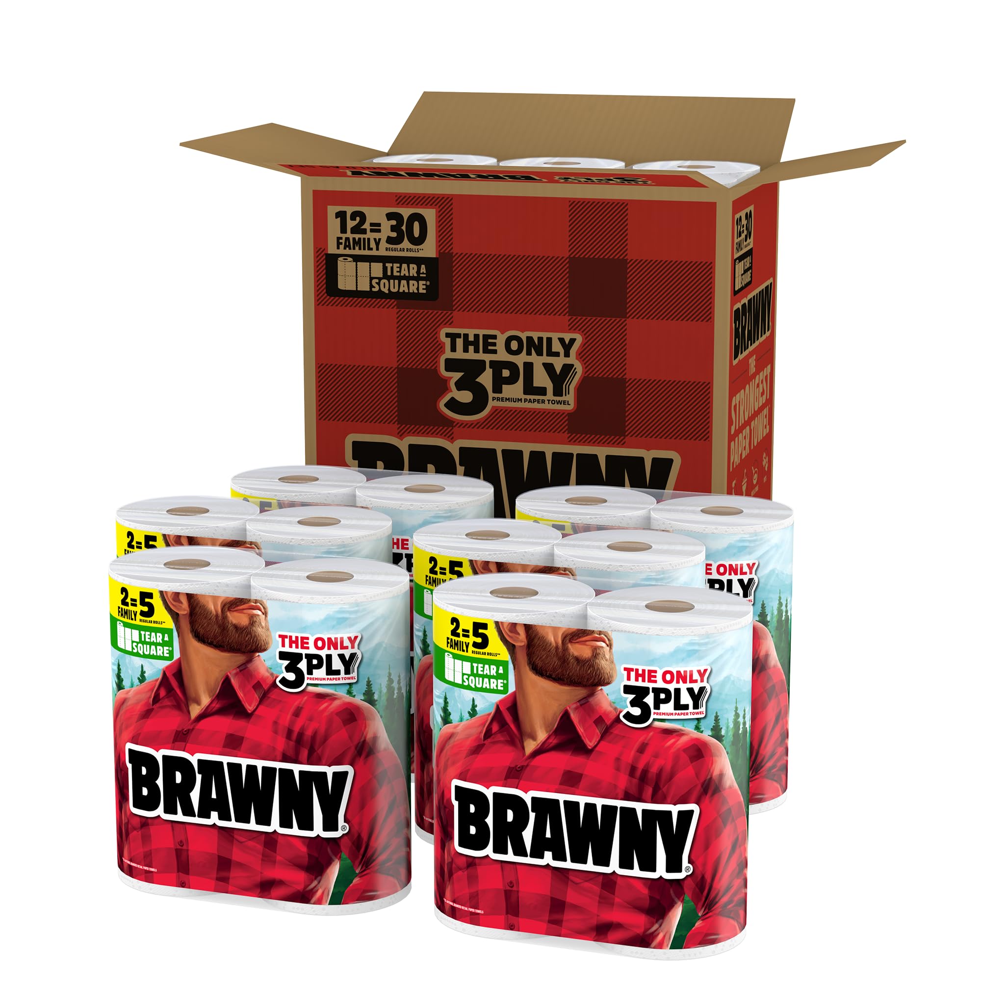 Condition photo showing New/Like New for brawny tear-a-square 3-ply paper towels, 12 xl family rolls = 30 regular rolls, strong, absorbent, and durable with 3 sheet sizes (quarter, half, full)