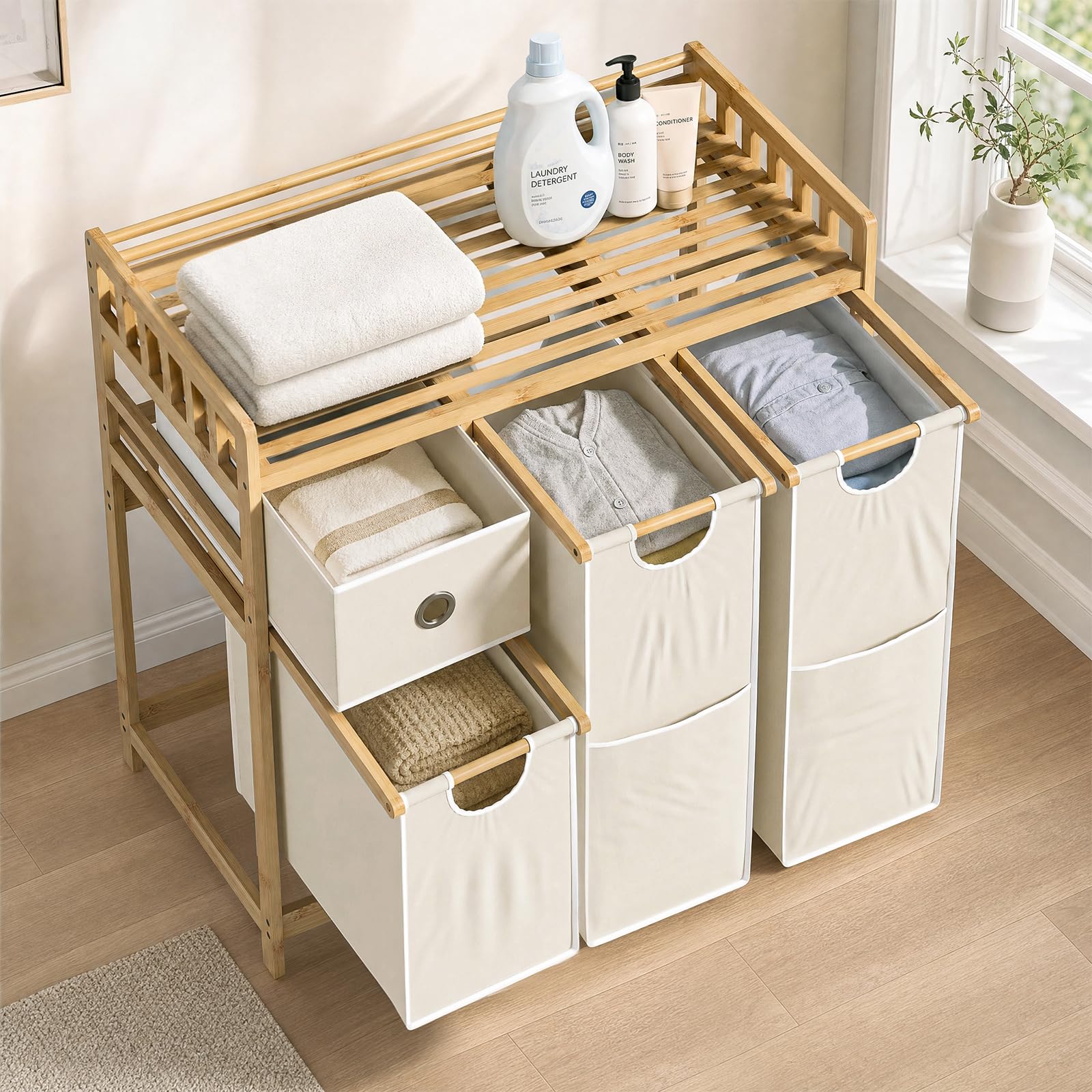 Wäschekorb 3 Fächer Bambus, Wäschesammler 127 L, Wäsche Sortiersystem, Wäschesortierer mit Schublade, Wäscheregal, Wäschesack für Bad Schlafzimmer Waschküche 78 x 41 x 78 cm