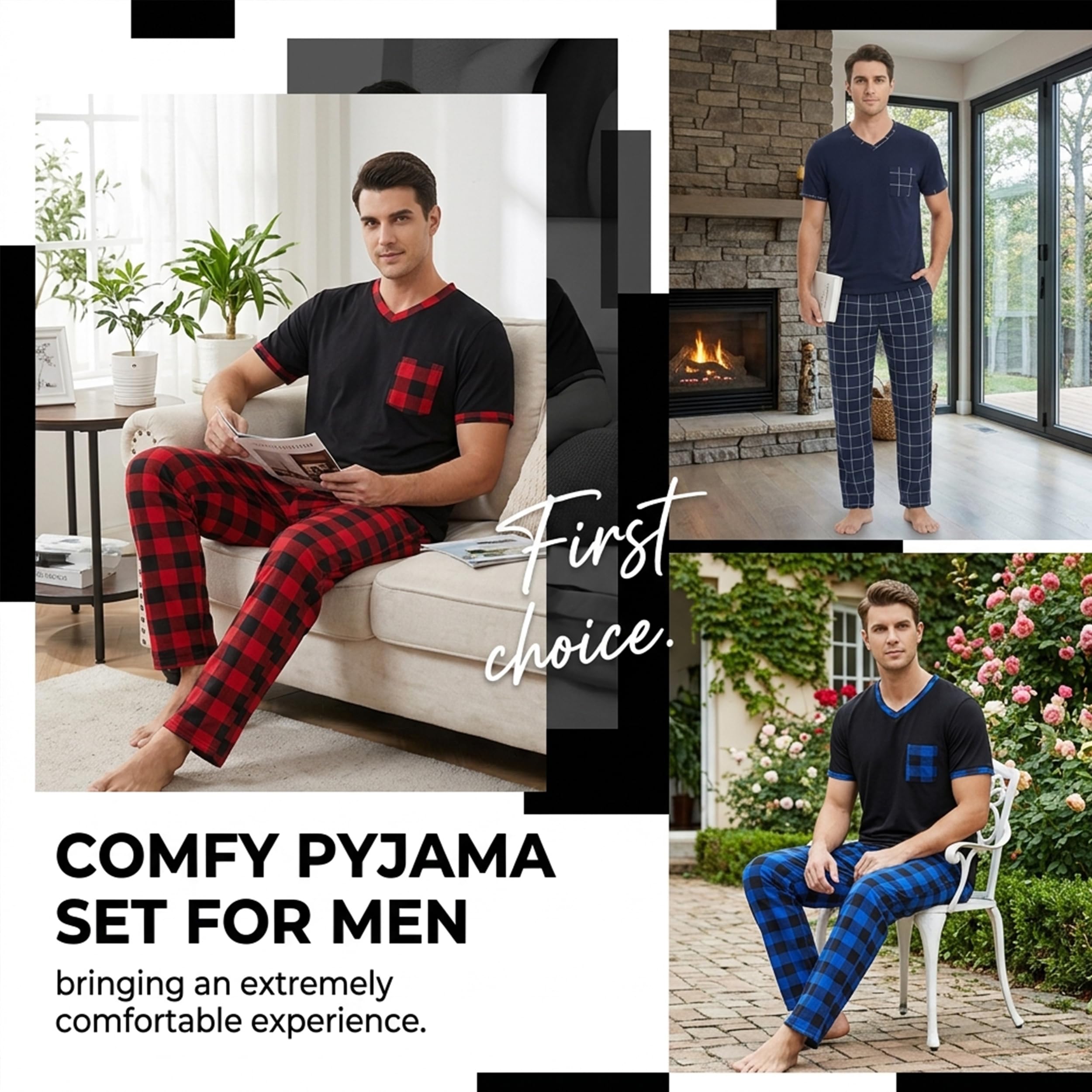 Bas de Pyjama Homme à Carreaux en Coton Peigné Pantalon de Détente avec Poches Lingerie de Nuit Confort Quotidien