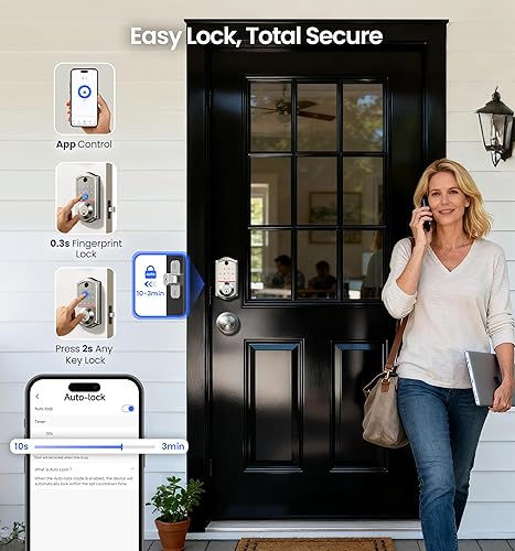 Miniatura 6 de Veise VE017-K - Cerradura inteligente de huellas dactilares con 2 perillas, control de aplicación, cerradura de puerta delantera de entrada sin