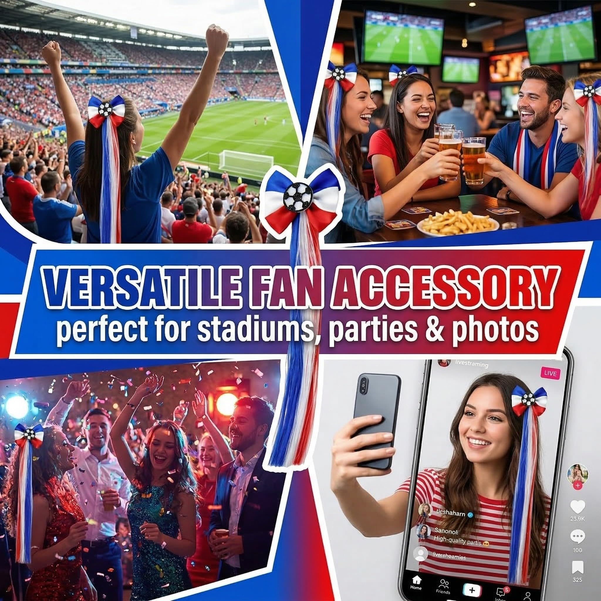 Accessoire Cheveux Fille Bleu Blanc Rouge Foot, Décoration Photo Supporters Football