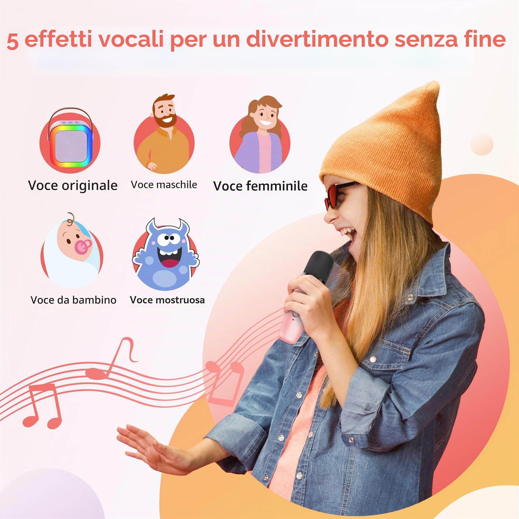 Ankuka Microfono Karaoke Bluetooth Bambini con Effetti Cambia Voce, Regalo Compleanno Natale Rosa
