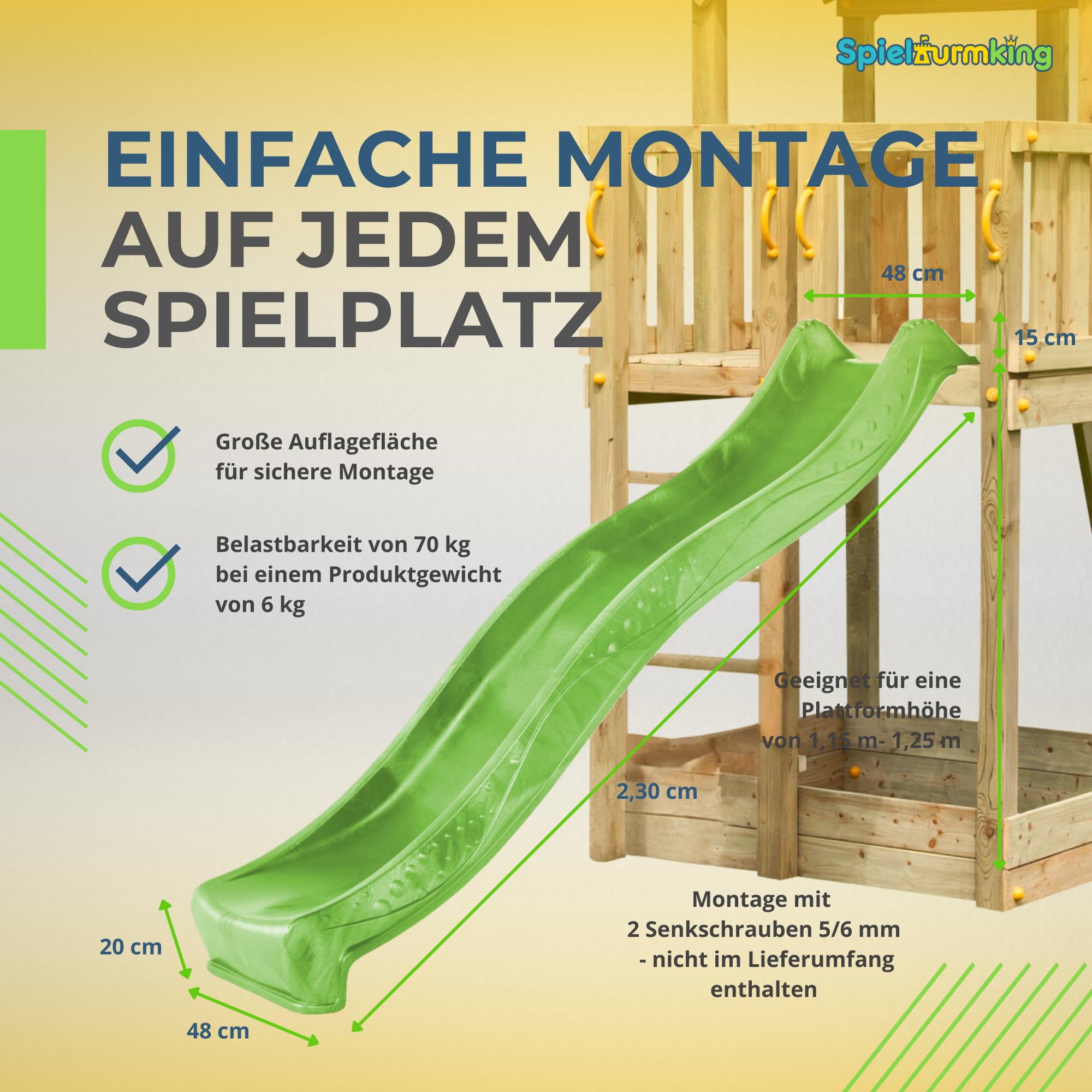 Kinder Rutsche 2,30 m Outdoor Garten Spielgeräte Grün Stabile Wasserrutsche Wellenrutsche Podesthöhe 1,25 m