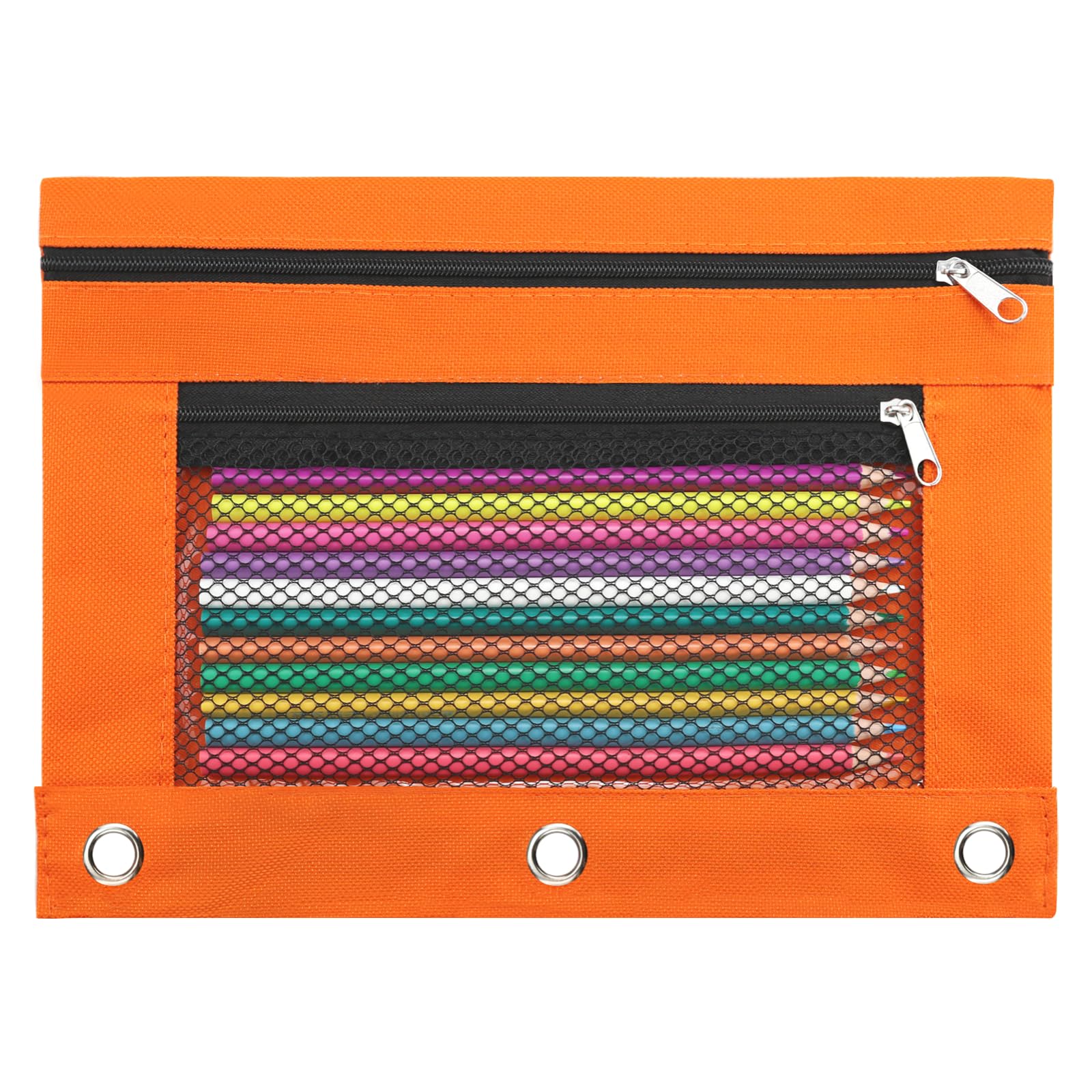 Pencil Pouch for 3 Ring Binder, Pencil Case Bag with Zipper, 600D Fabric Pencil Pouch Holder Accessories, Clear Window Pencil Case Aesthetic Back to School Organizer Pockets for Boy Girl (Orange)