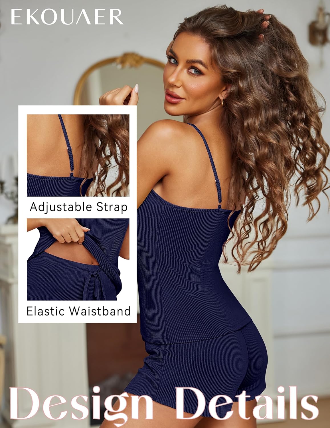 Ekouaer Pajama Sets for Women Lingerie Sleepwear Soft Pjs 2 Piece Cami Shorts Set U Neck Adjustable Strap Nightwear - Image 4