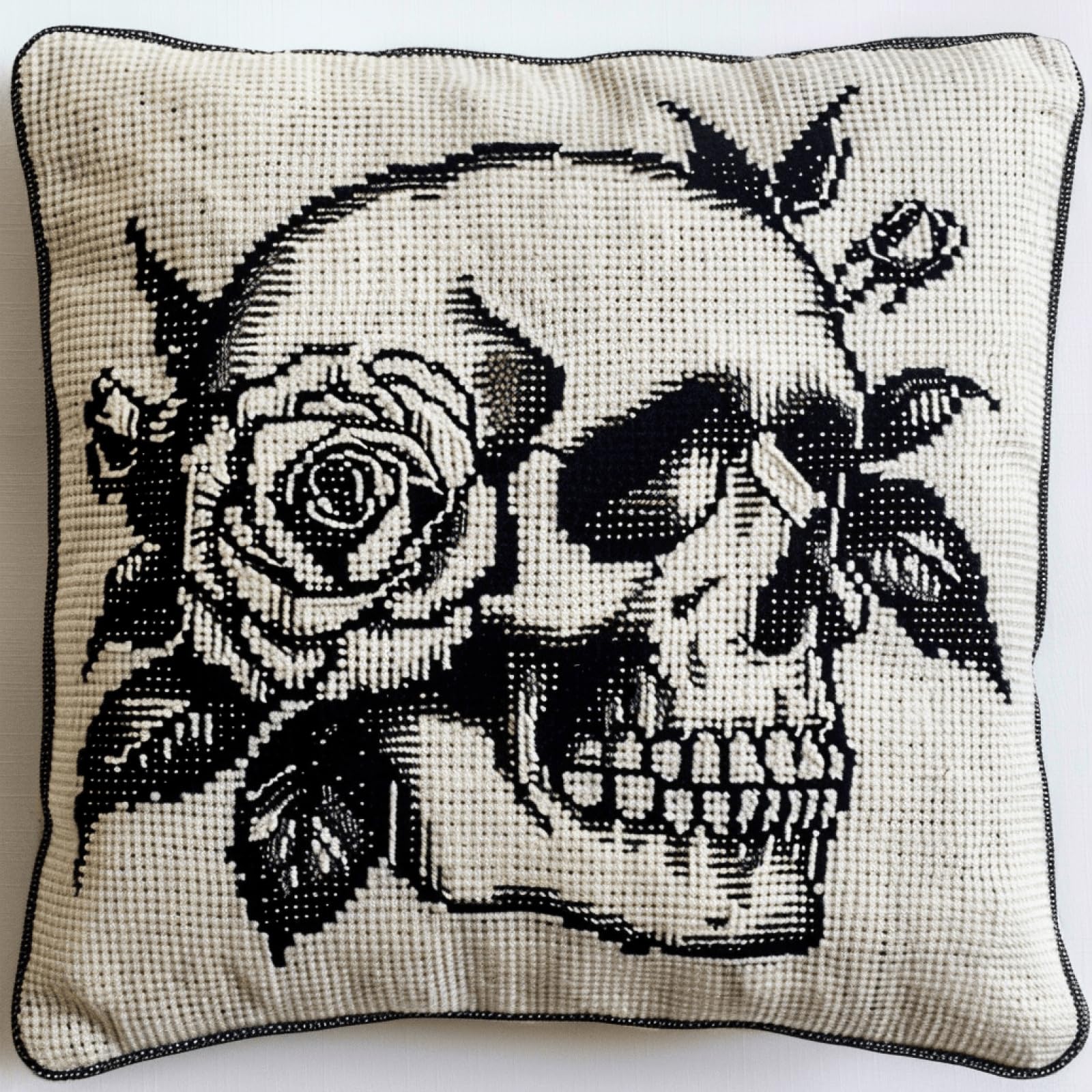XDEGHUANGSS Latch Hook Cushion Kit for Adults & Beginners,Skull Rose Pre-Printed DIY Latch Hook Pillow Rug Kit 43x43cm Cross Stitch Embroidery Sofa Cushion Cover