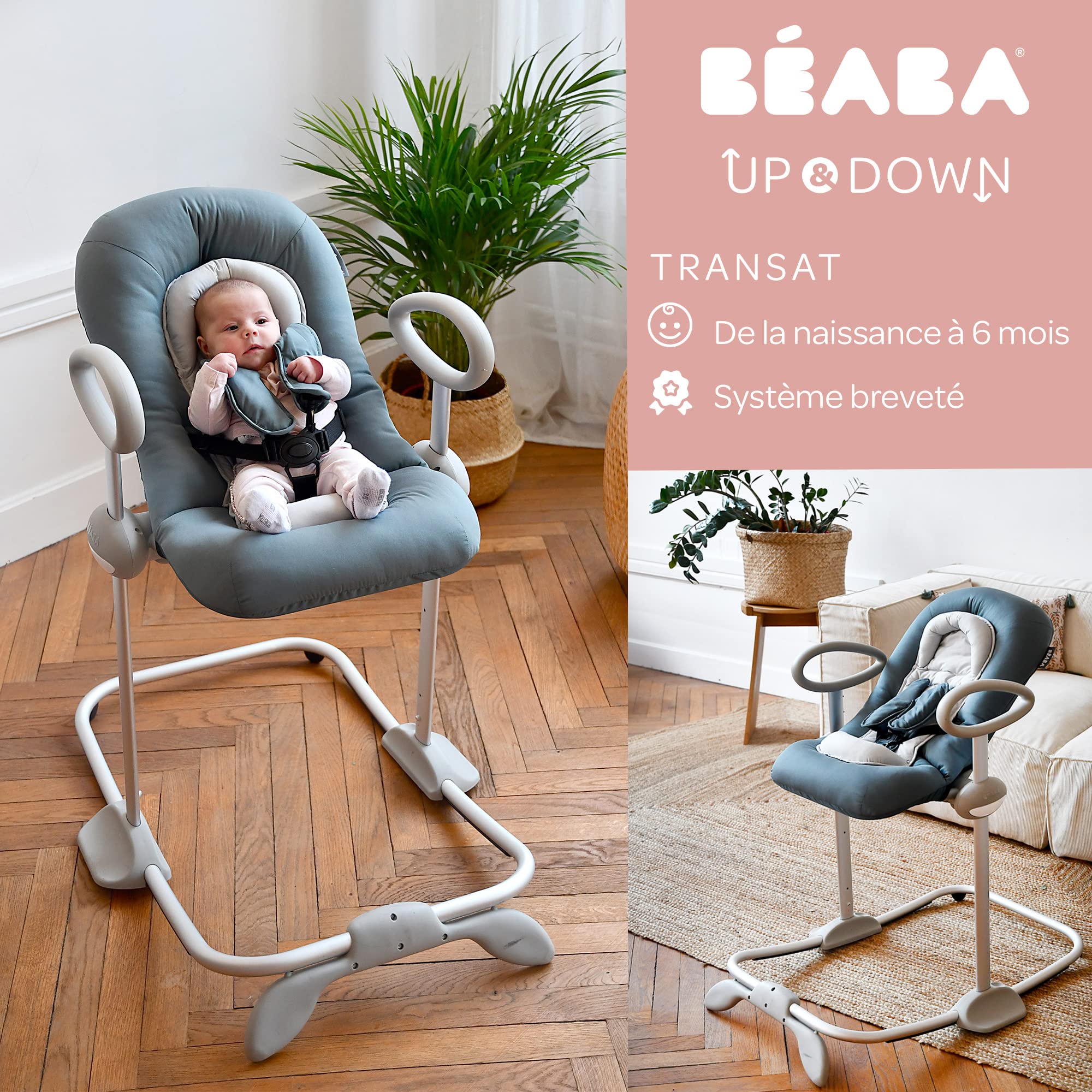 BÉABA, Transat Up & Down IV, Transat Réglable en Hauteur, Unisexe pour Bébé et Enfants, 3 Positions d'Inclinaison, Harnais Sécurité 5 Points, Réducteur de Naissance, Cosy mineral