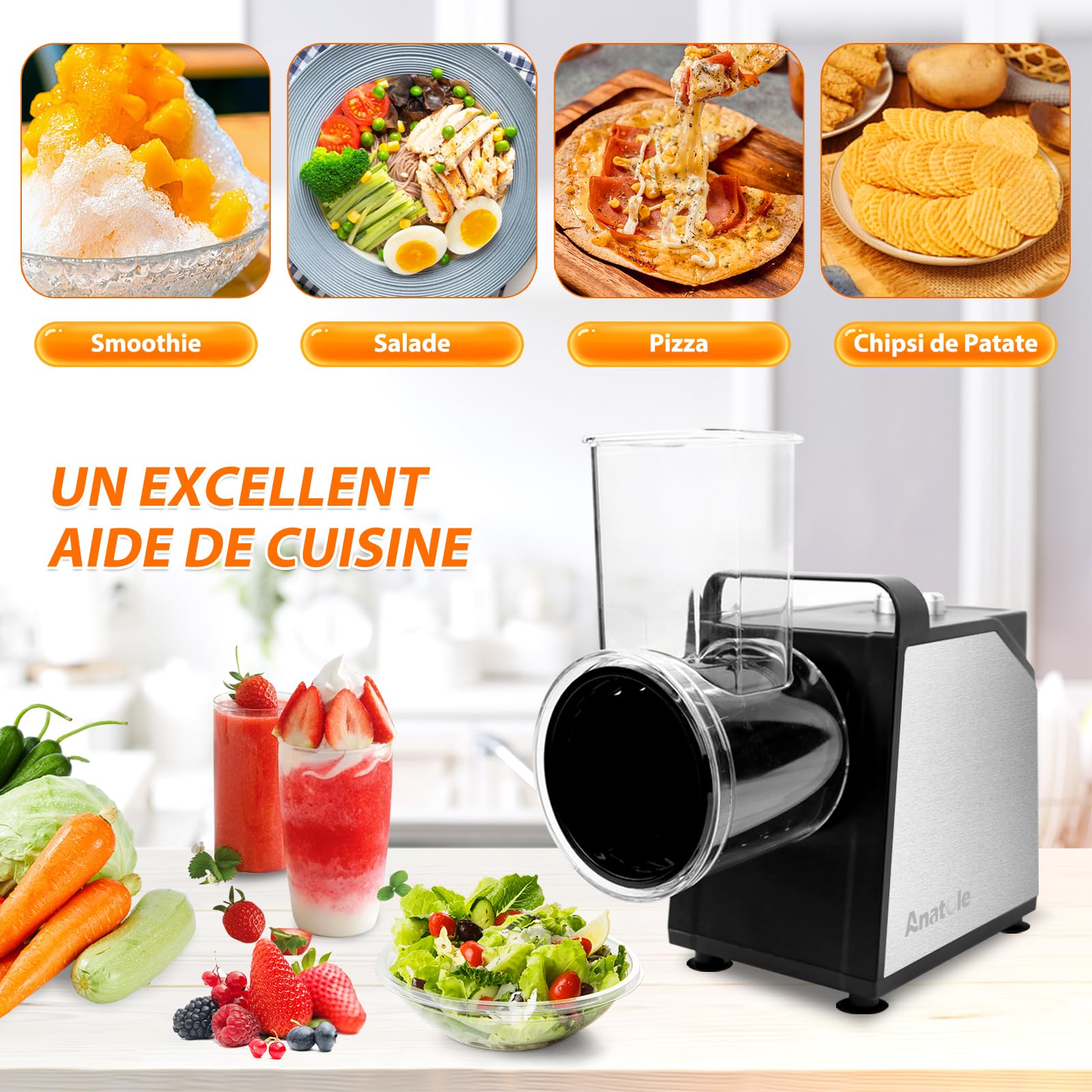 Anatole Coupe Légumes Électrique Broyeur à Glace 7 Lames Rape à Fromage Acier Inox 250W Rapeuse Carottes Professionnel Grand Calibre Trancheuse de Légumes Multifonctions 220V Fiche UE