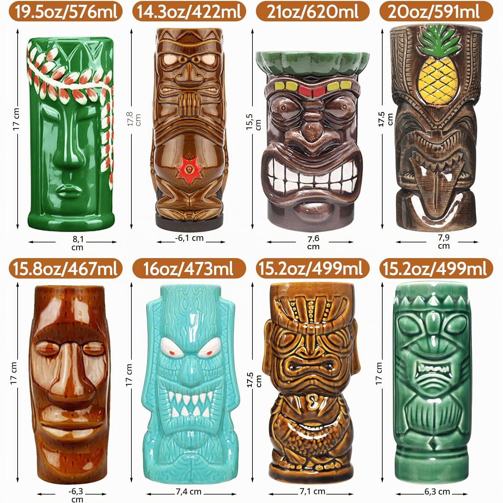 SuproBarware Tiki - Set di 8 tazze in ceramica hawaiana per feste, cocktail Tiki bar, tazze tropicali di alta qualità per feste esotiche