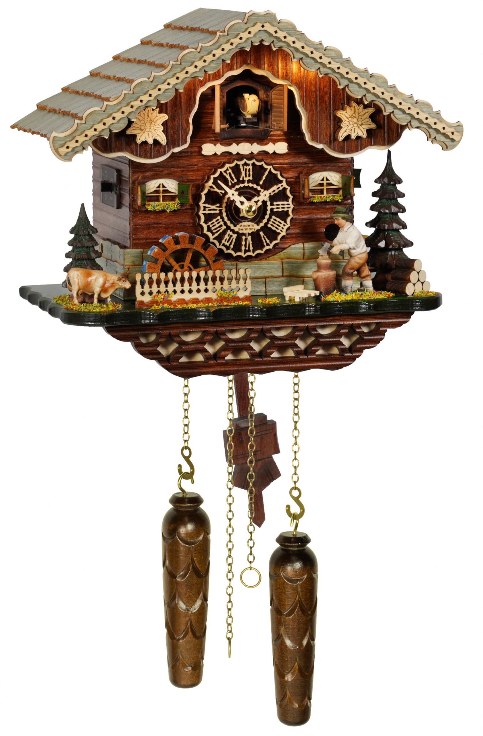 Trenkle Quartz Cuckoo Clock Black Forest House with Moving Wood Chopper and Mill Wheel, with Music and Light et l'éclairage